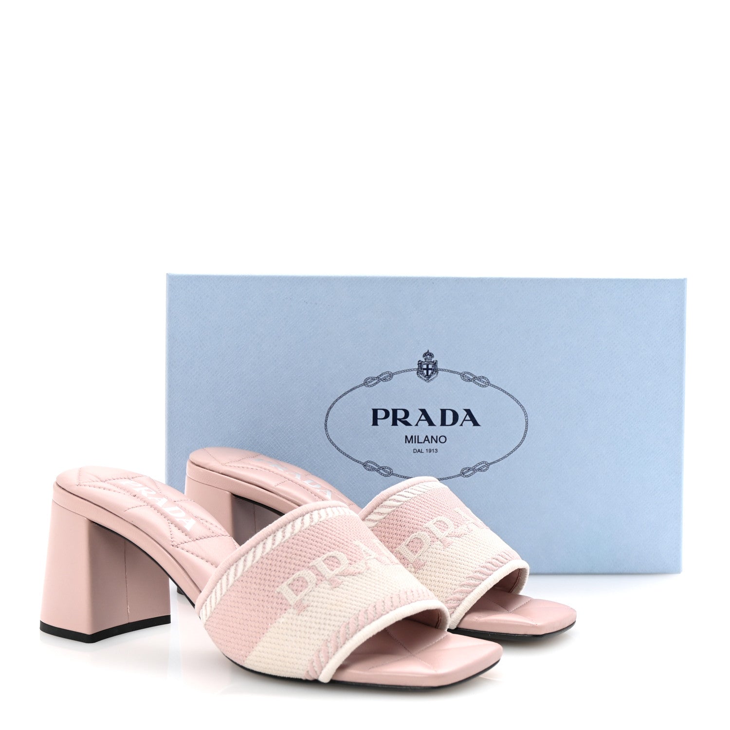 Prada Fabric Logo Embroidered 65mm Block Heel Slide Sandals 38 Alabastro Talco 9 of 9