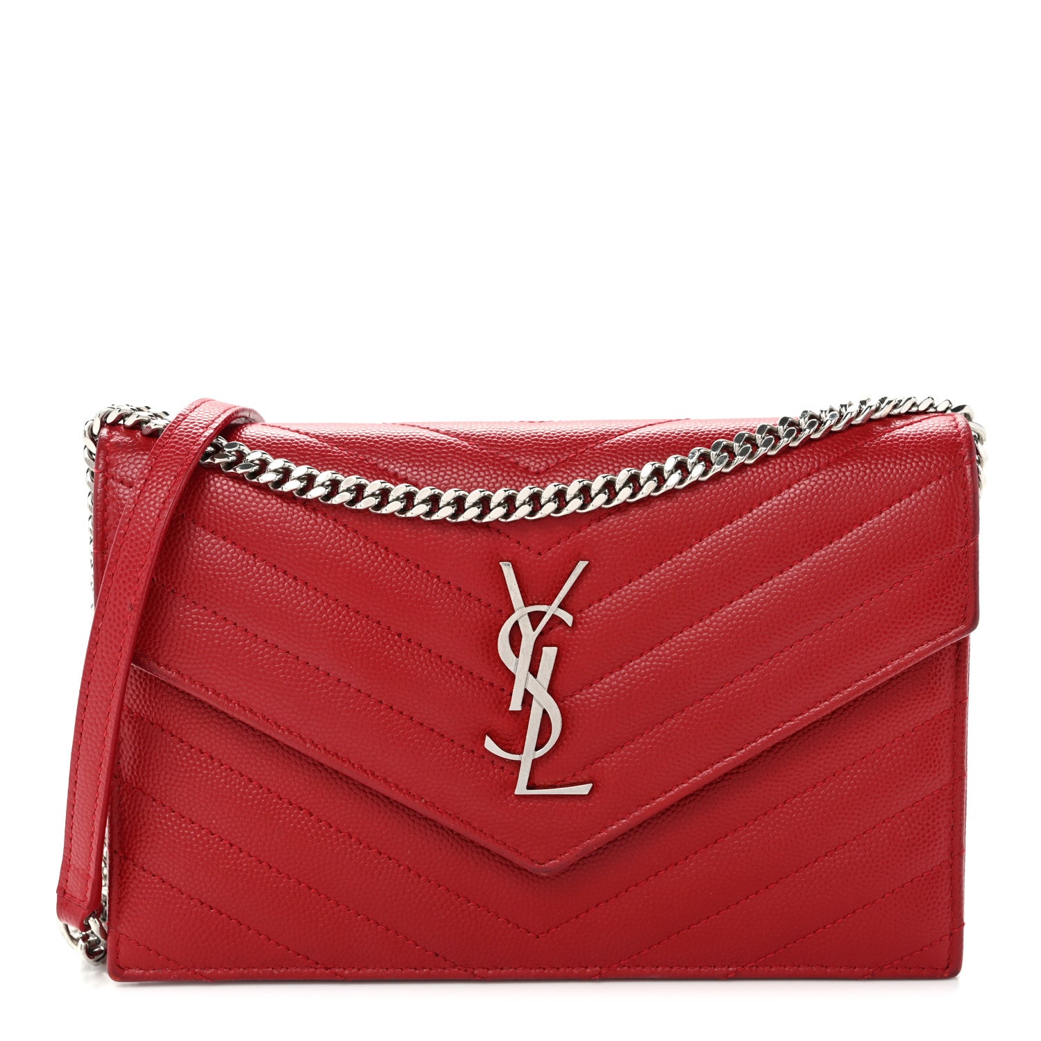 Saint Laurent Grain De Poudre Matelasse Chevron Monogram Envelope Chain Wallet  New Red 1 of 10