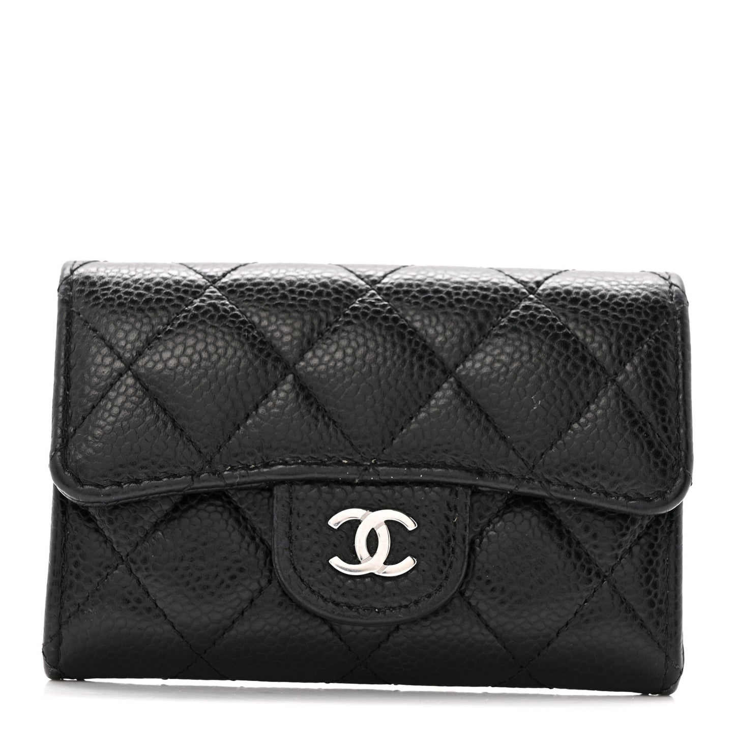 Caviar Quilted Flap Card Holder Wallet Black