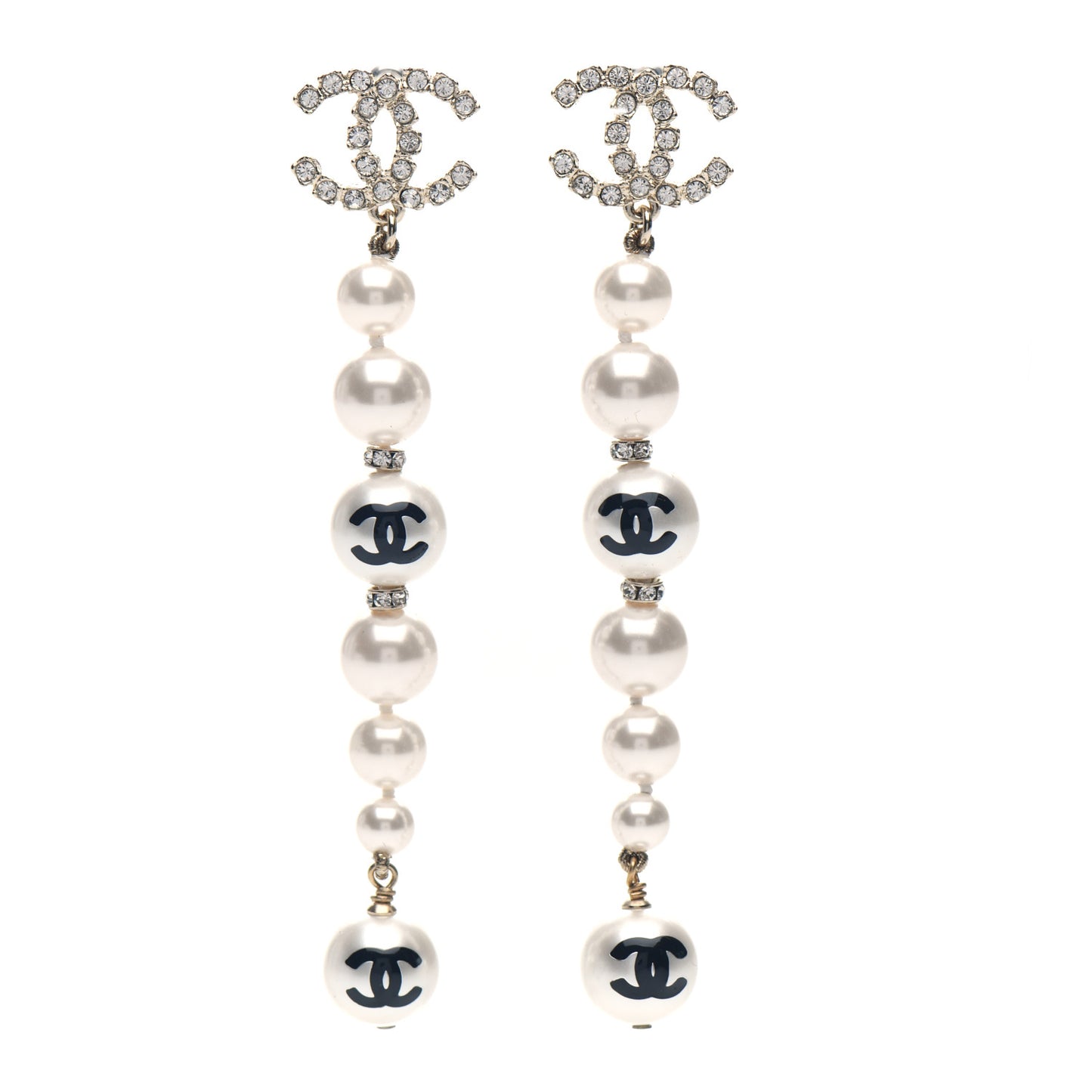 Pearl Crystal Coco's Pearls CC Long Drop Earrings Pearly White Gold Black