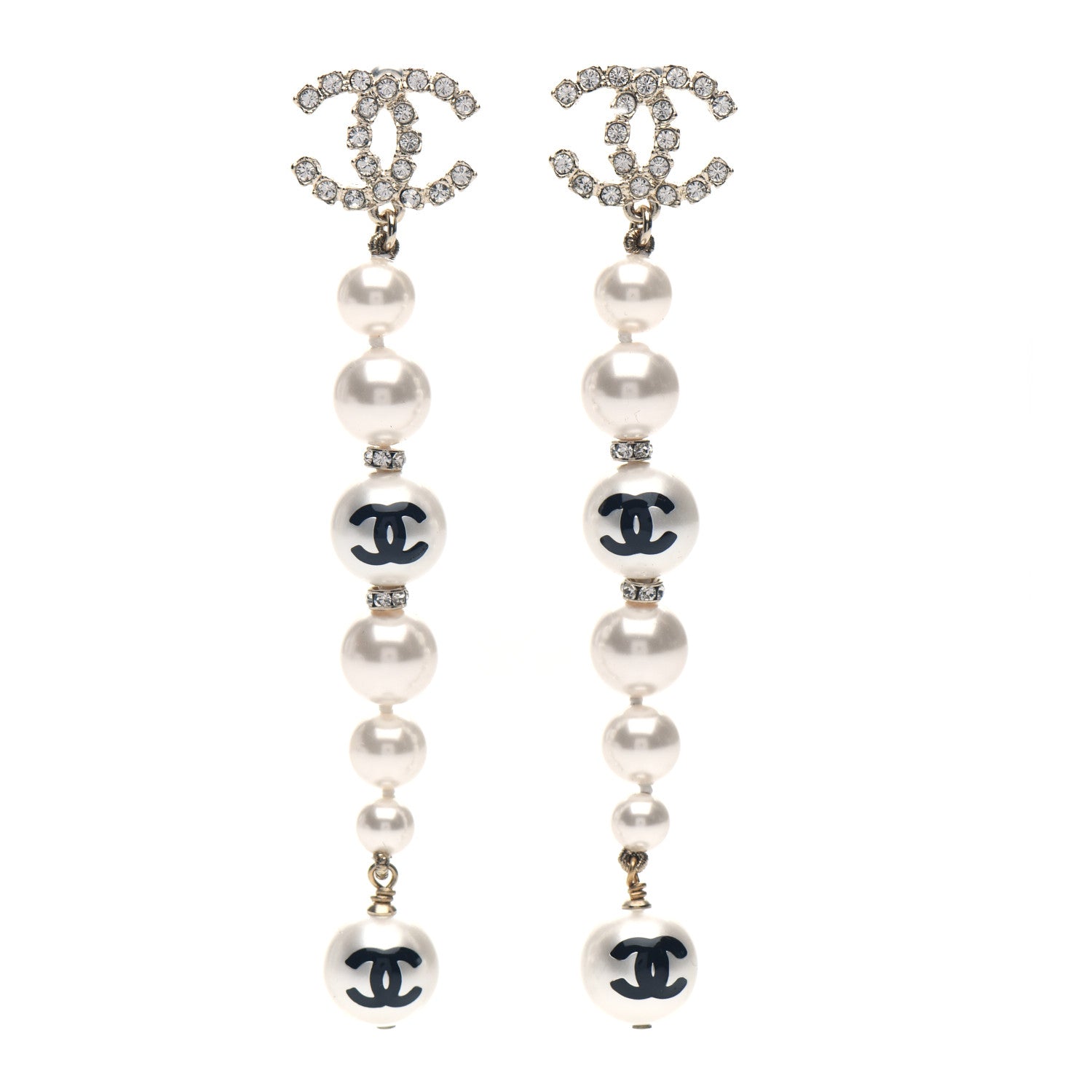 Chanel Pearl Crystal Coco's Pearls CC Long Drop Earrings Pearly White Gold Black 1 of 4