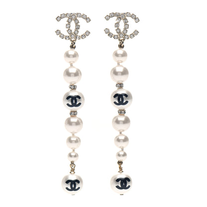 Chanel Pearl Crystal Coco's Pearls CC Long Drop Earrings Pearly White Gold Black 1 of 4