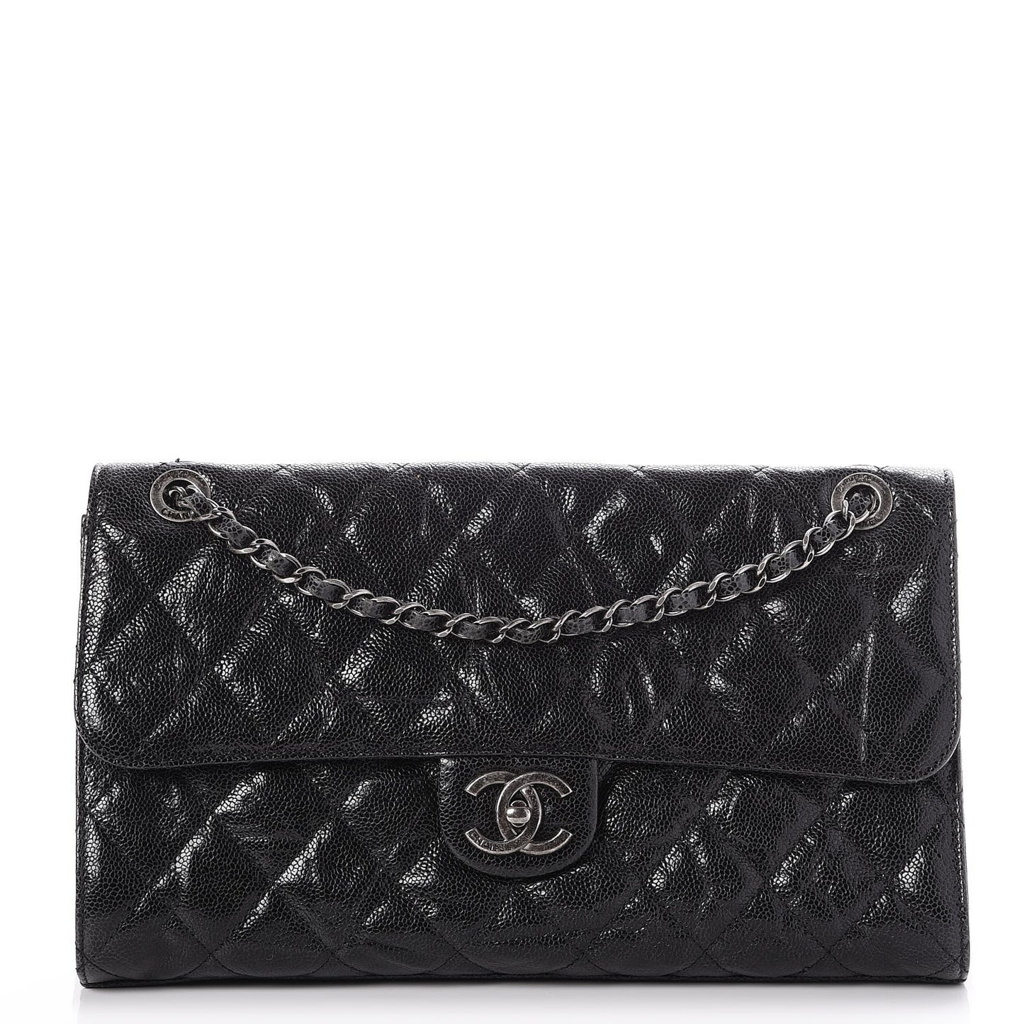 Crumpled Grained Calfskin Jumbo CC Crave Flap Black