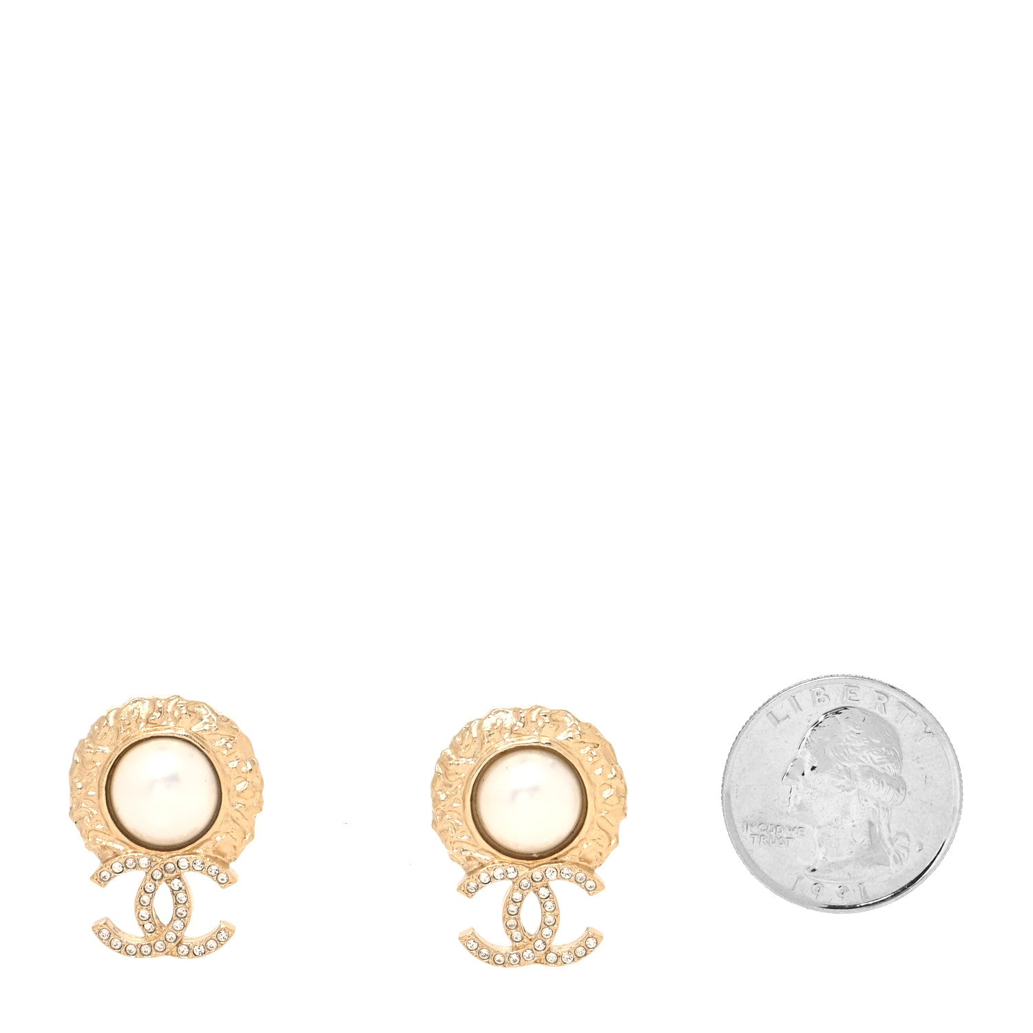 Chanel Crystal Pearl Textured CC Round Drop Earrings Gold 2 of 4