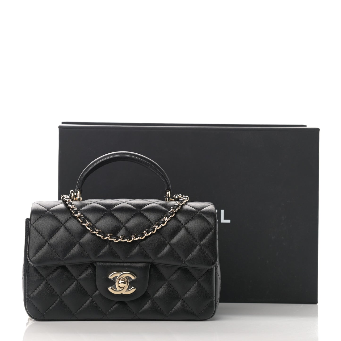 Lambskin Quilted Mini Top Handle Rectangular Flap Black