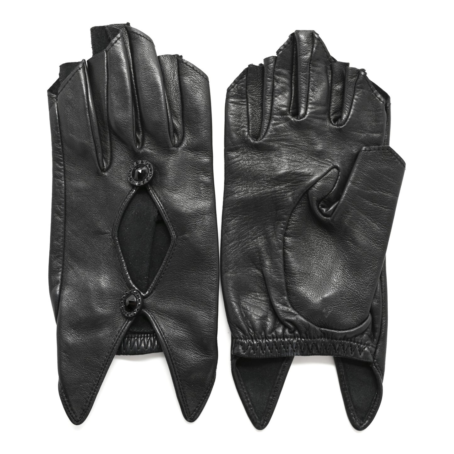 Lambskin Crystal Fingerless Gloves 6 Black