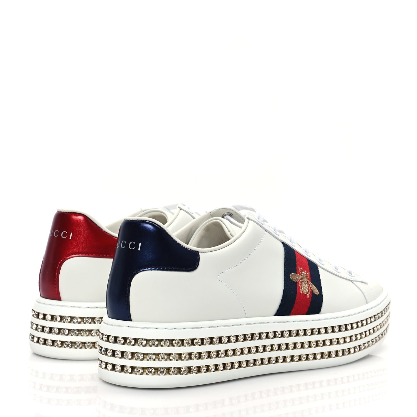 Calfskin Crystal Web Bee Embroidered Womens Ace Platform Sneakers 40 White