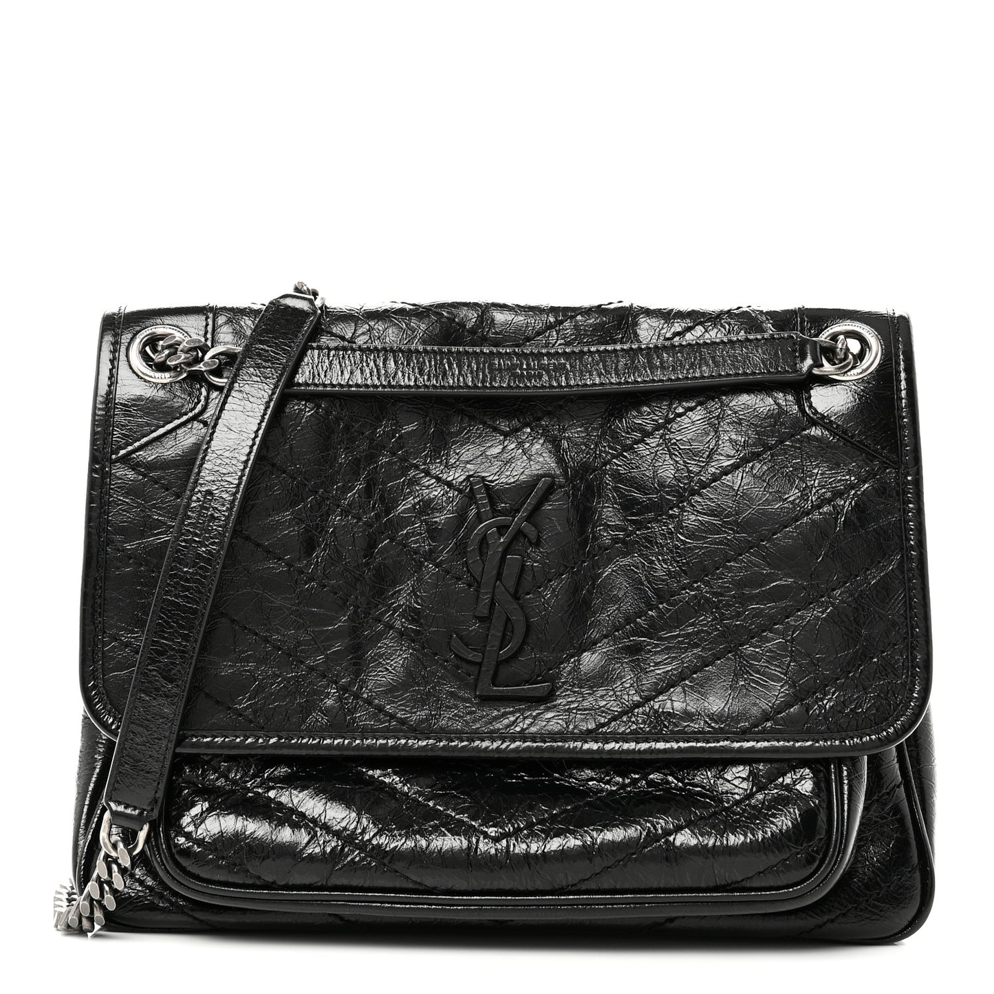 Crinkled Calfskin Matelasse Monogram Medium Niki Chain Satchel Black