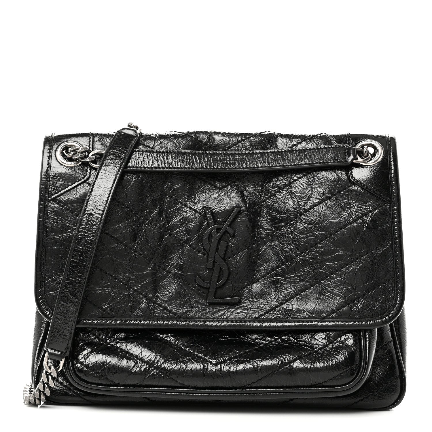 Saint Laurent Crinkled Calfskin Matelasse Monogram Medium Niki Chain Satchel Black 1 of 10