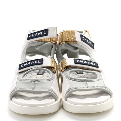 Chanel Goatskin Fabric Gladiator Sandals 38.5 White Light Grey Navy Blue 2 of 8