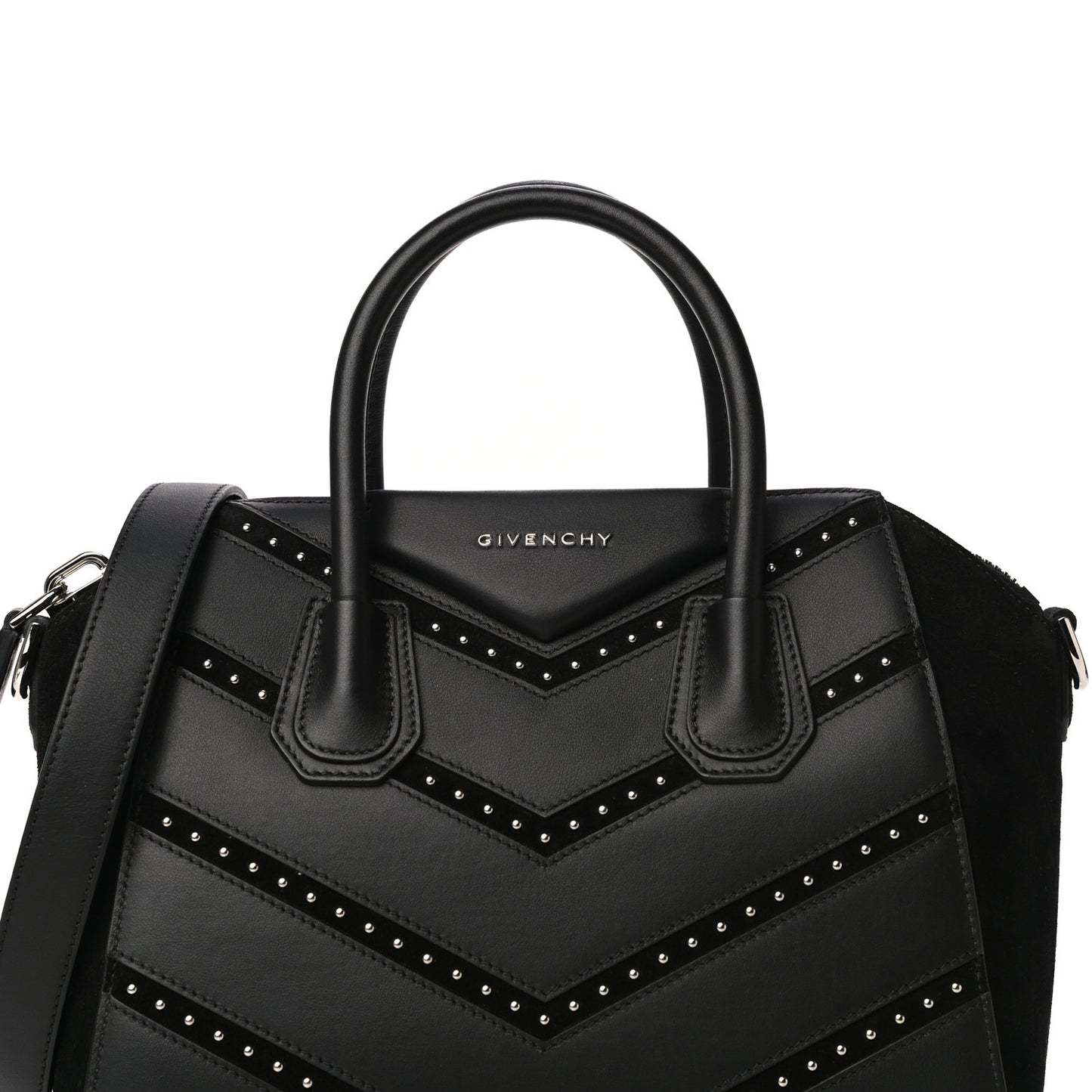 Calfskin Suede Small Studded Chevron Antigona Black