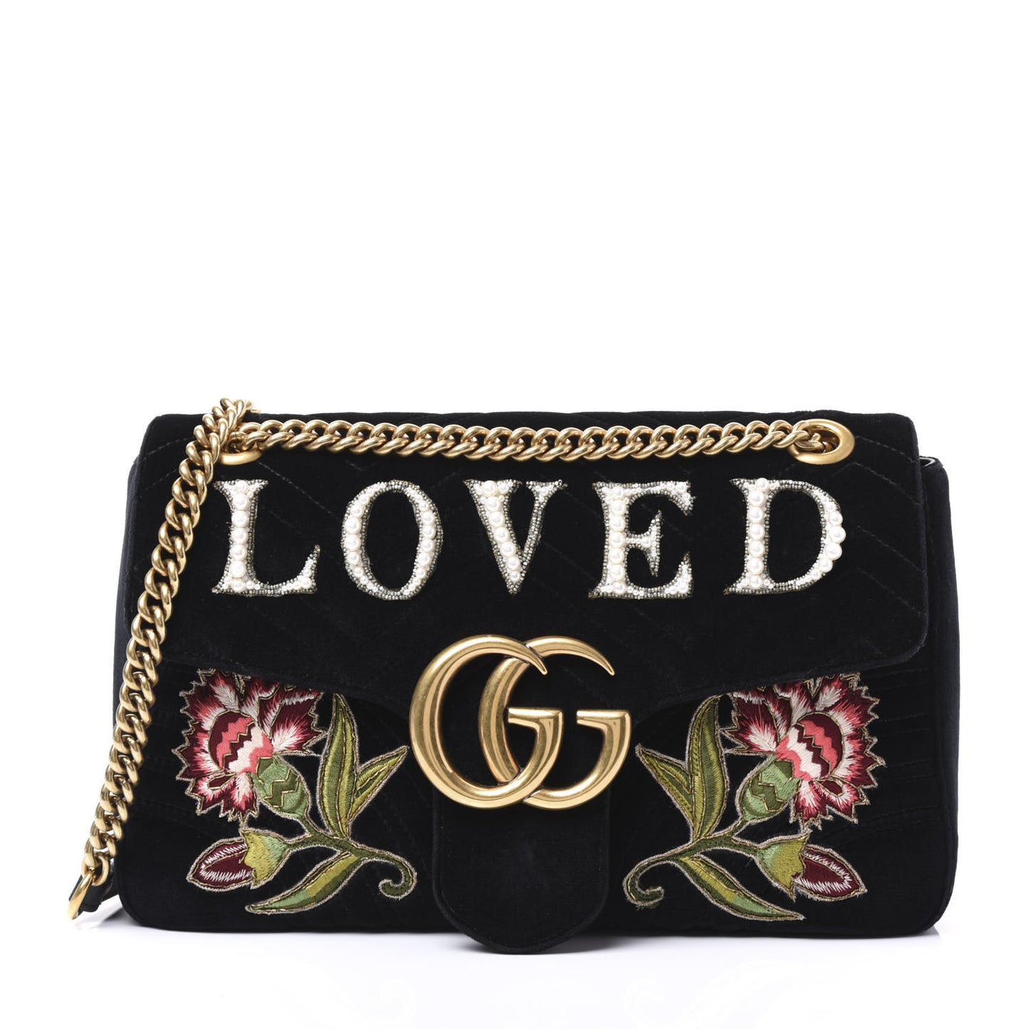 Velvet Matelasse Loved Embroidered Medium GG Marmont Shoulder Bag Black