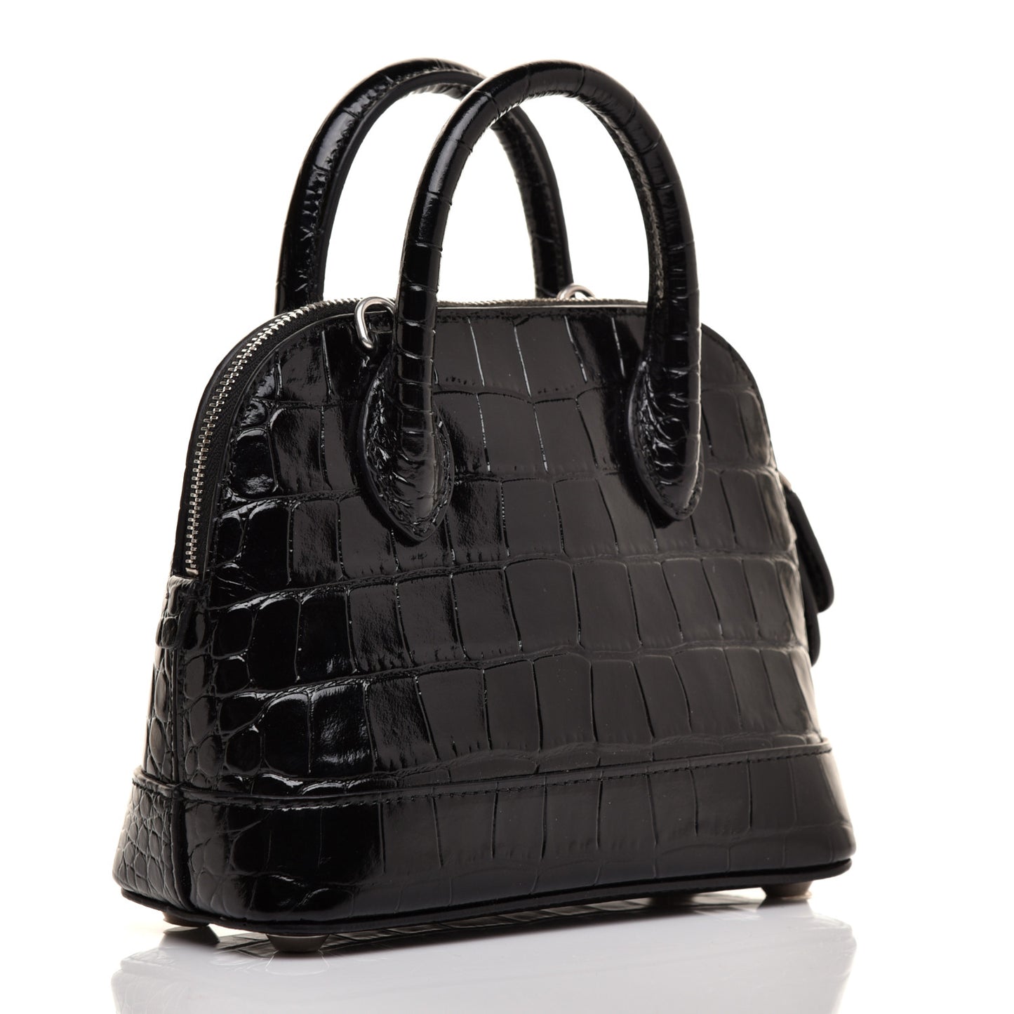 Shiny Calfskin Logo Crocodile Embossed XXS Ville Top Handle Bag Black White