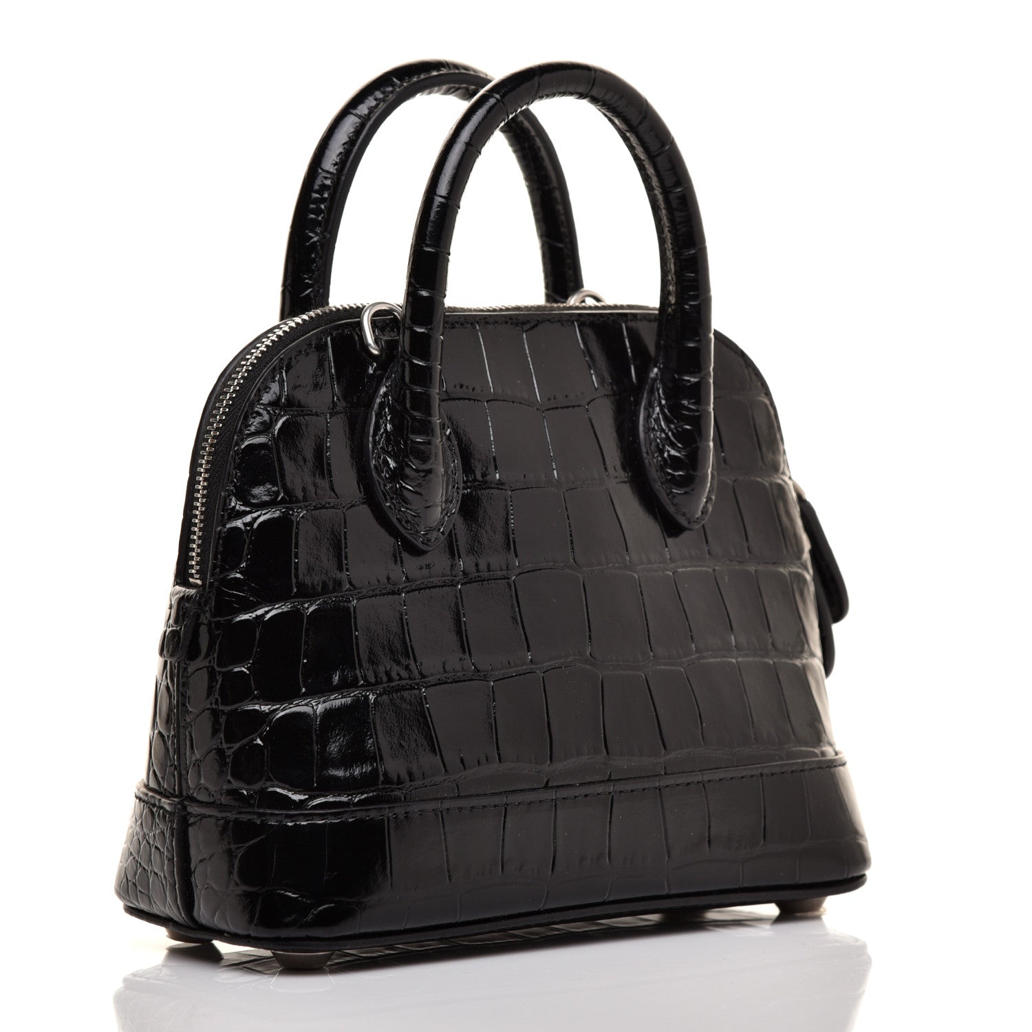 Balenciaga Shiny Calfskin Logo Crocodile Embossed XXS Ville Top Handle Bag Black White 3 of 10
