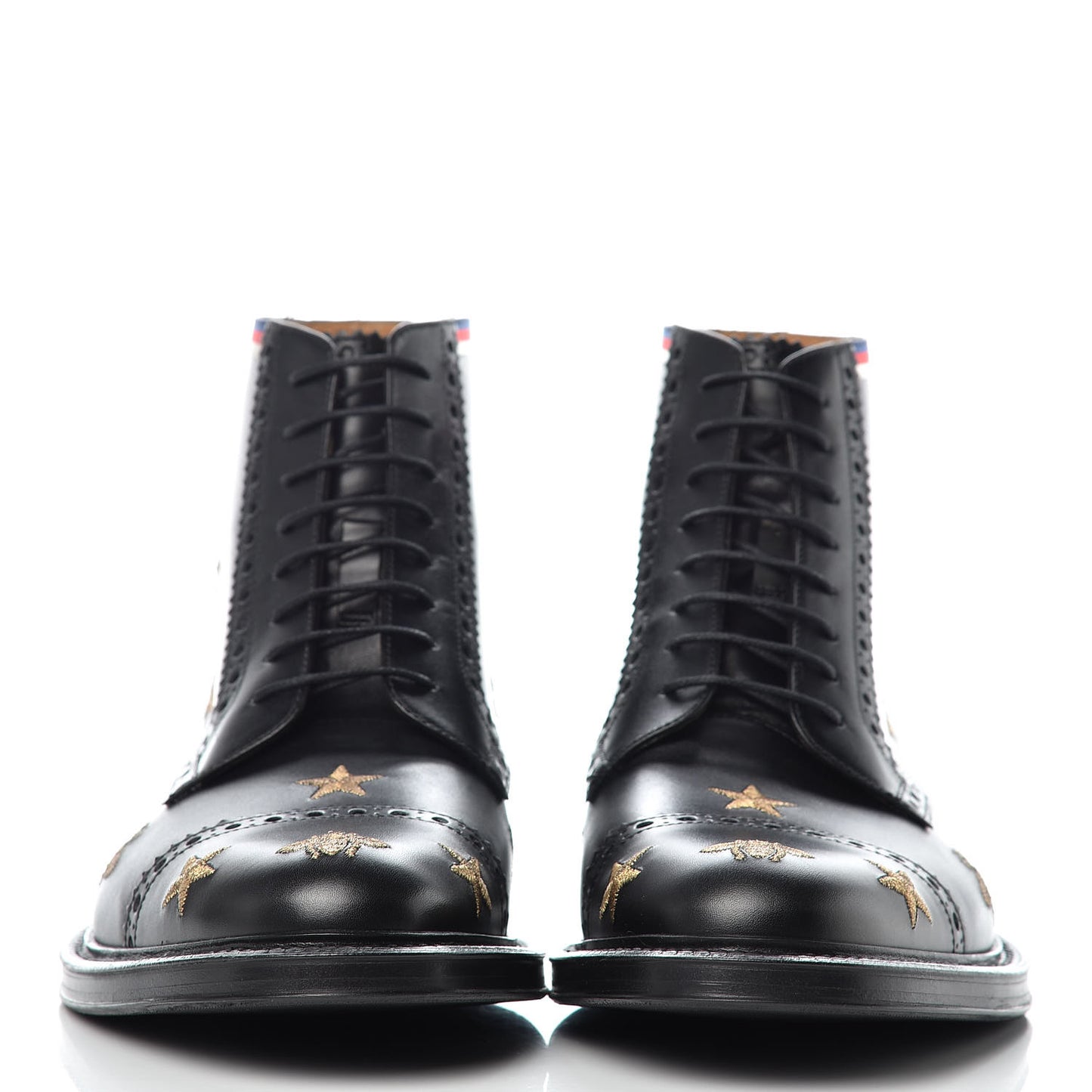 Calfskin Sylvie Web Bee Star Embroidered Mens Brogue Captoe Boots 7.5 Black