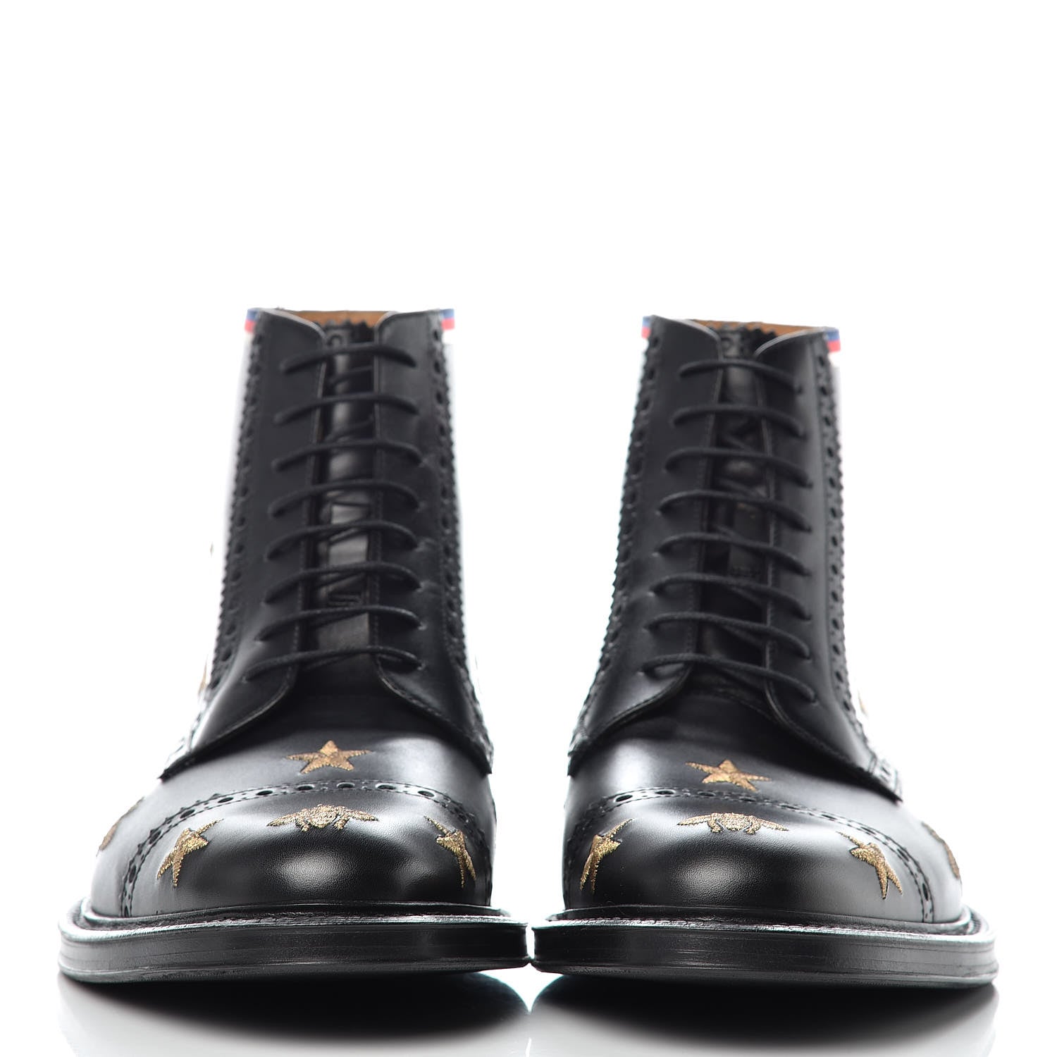 Gucci Calfskin Sylvie Web Bee Star Embroidered Mens Brogue Captoe Boots 7.5 Black 2 of 9