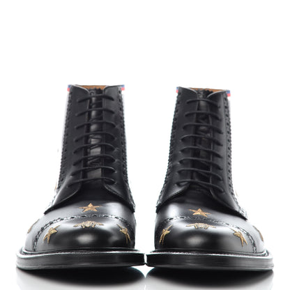 Gucci Calfskin Sylvie Web Bee Star Embroidered Mens Brogue Captoe Boots 7.5 Black 2 of 9