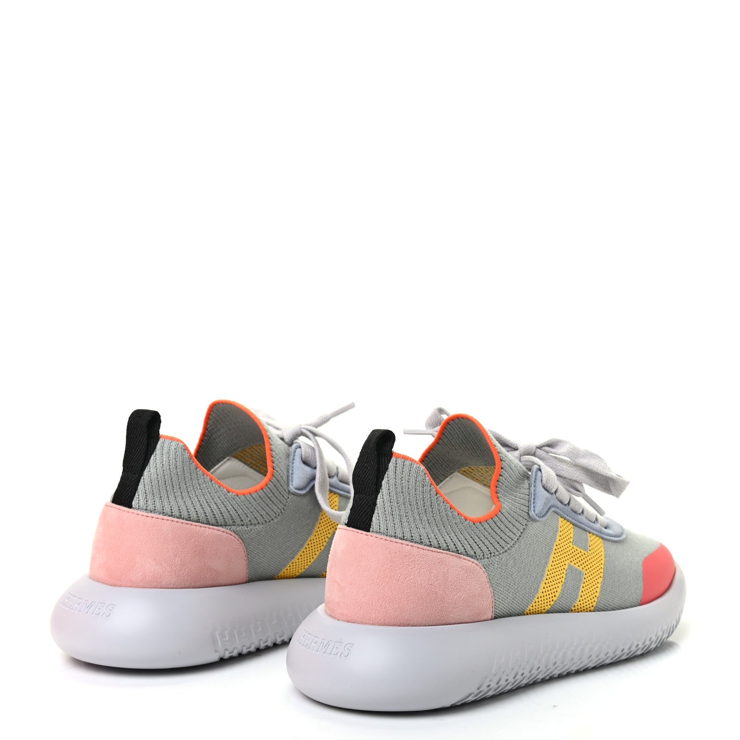 Hermes Knit Suede Goatskin Womens Crew Sneakers 37.5 Multicolor Gris Orange 4 of 9