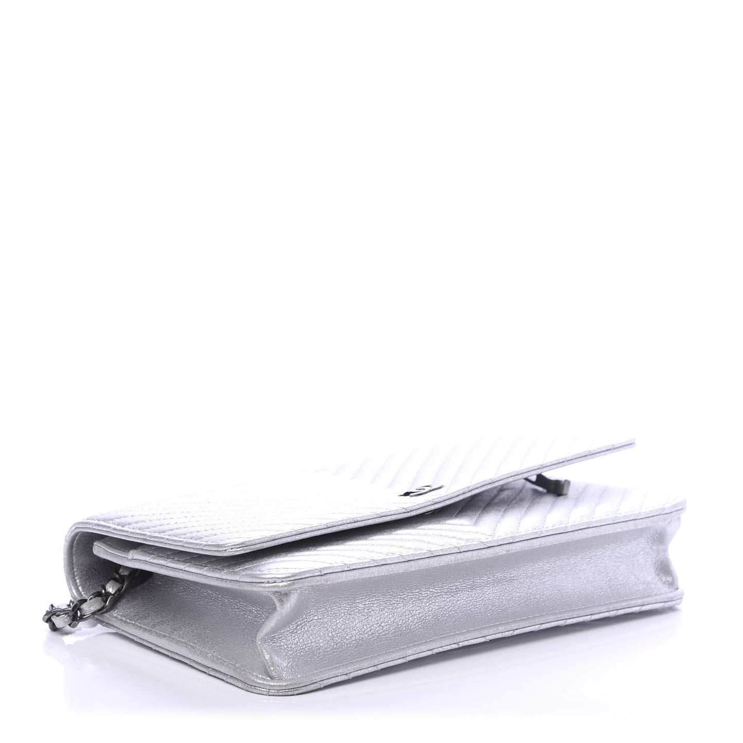 Metallic Lambskin Chevron Wallet On Chain WOC Silver