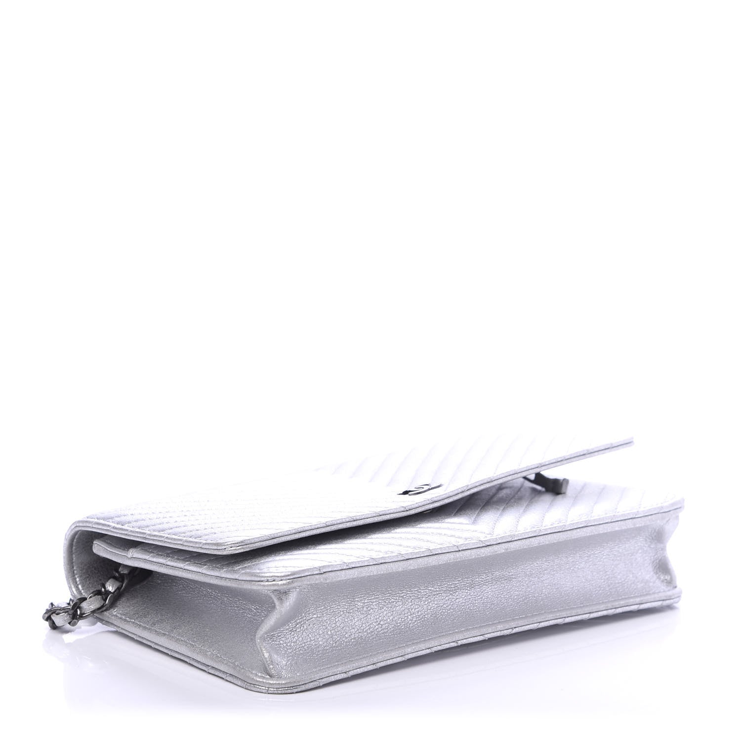 Chanel Metallic Lambskin Chevron Wallet On Chain WOC Silver 4 of 11