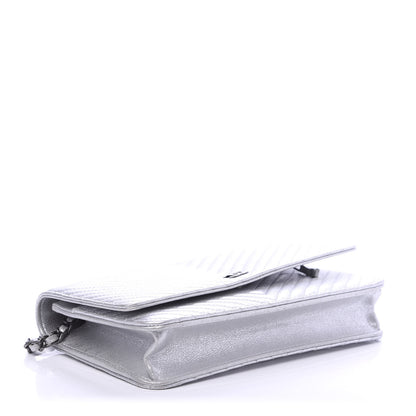 Chanel Metallic Lambskin Chevron Wallet On Chain WOC Silver 4 of 11