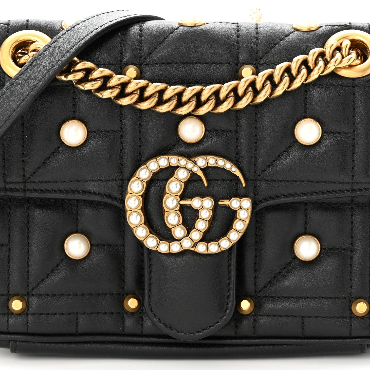 Gucci Calfskin Matelasse Studded Mini Pearly GG Marmont Shoulder Bag Black 8 of 10