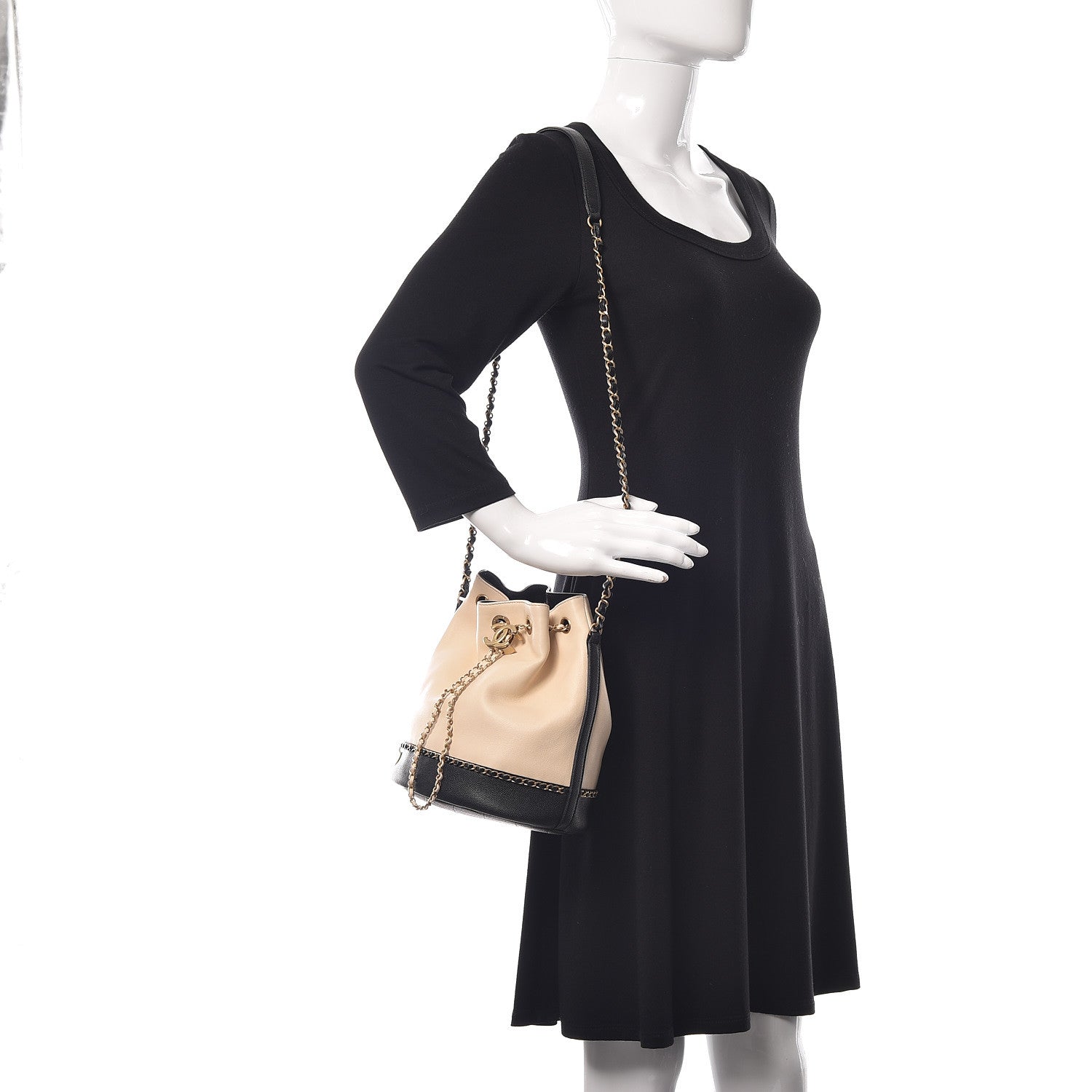 Chanel Lambskin Caviar Lovely Chains Drawstring Bag Beige Black 2 of 10