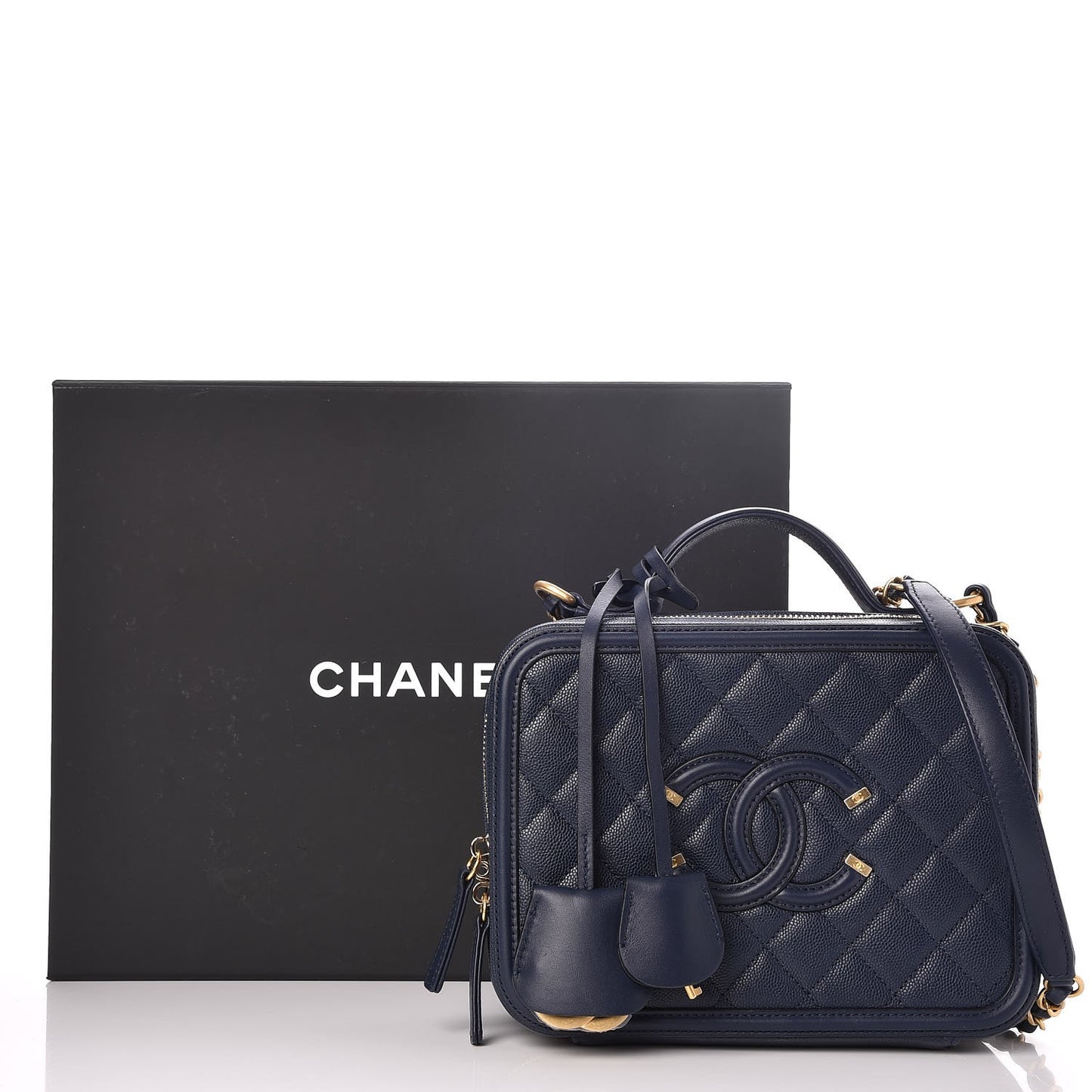 Caviar Quilted Medium CC Filigree Vanity Case Navy
