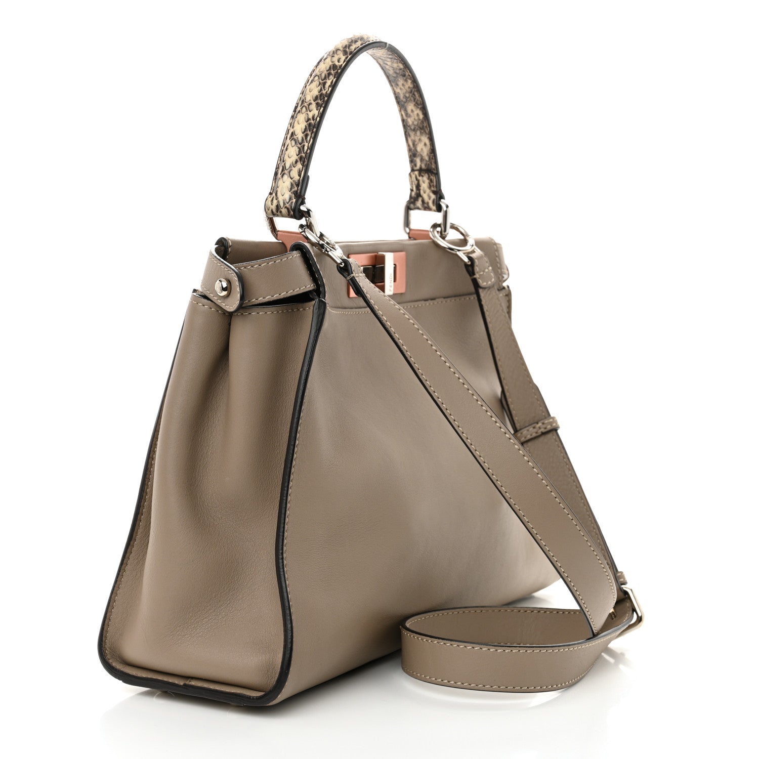 Fendi Vitello Seta Shiny Nappa Elaphe Medium Peekaboo Iconic Satchel Tortora Natural Ebano 3 of 12