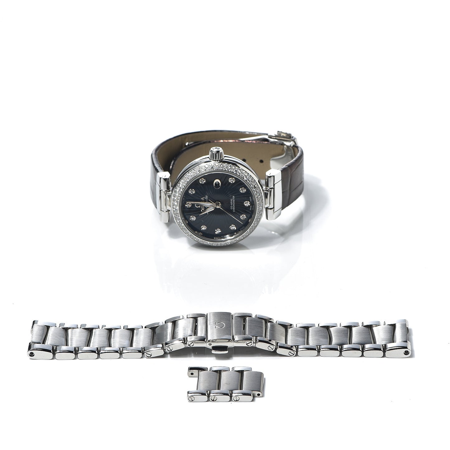 Stainless Steel Alligator Diamond Pave Bezel 34mm De-Ville Ladymatic Co-Axial Automatic Watch Black 425.35.34.20.51.001
