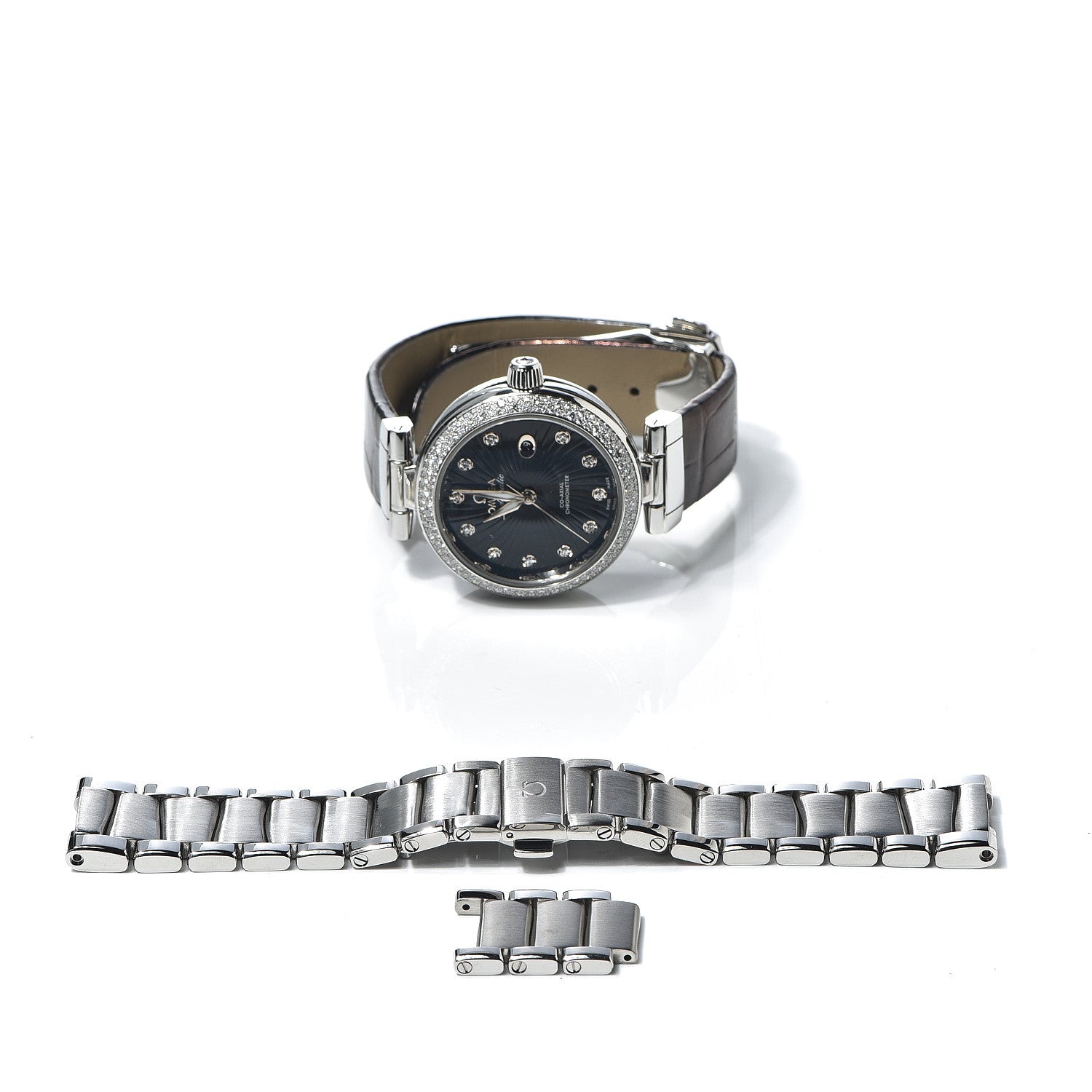 Omega Stainless Steel Alligator Diamond Pave Bezel 34mm De-Ville Ladymatic Co-Axial Automatic Watch Black 425.35.34.20.51.001 6 of 7