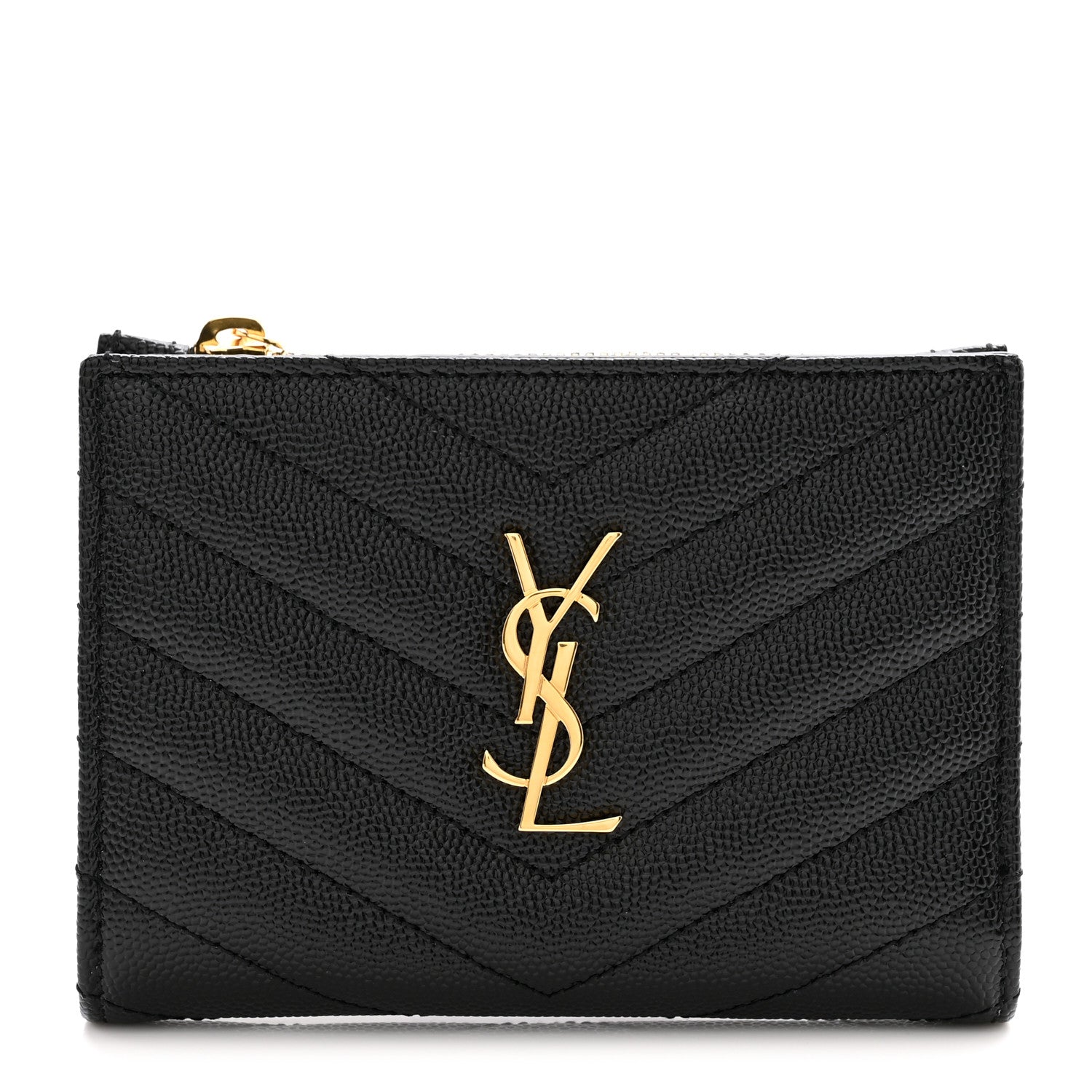 Saint Laurent Grain De Poudre Matelasse Chevron Monogram Zipped Card Case Black 1 of 10