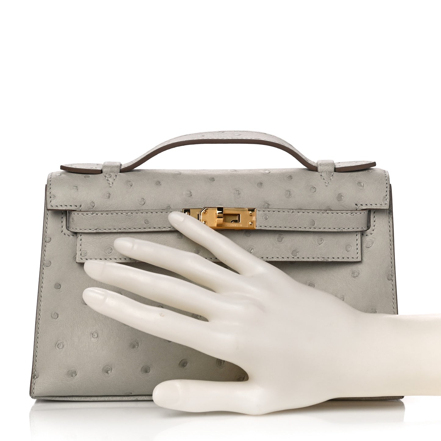 Ostrich Kelly Pochette Clutch Gris Perle