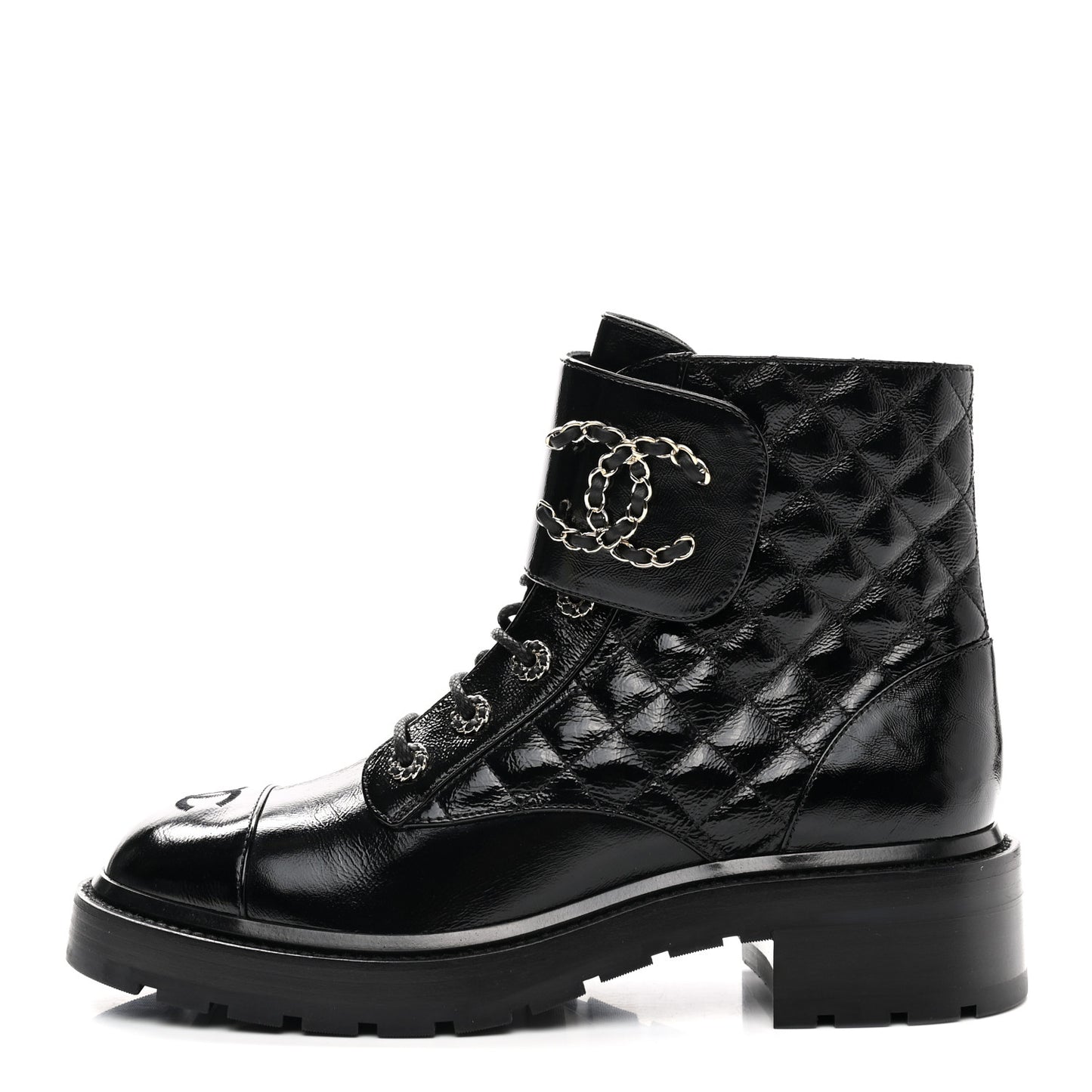Shiny Calfskin Quilted Lace Up Combat Boots 41 Black