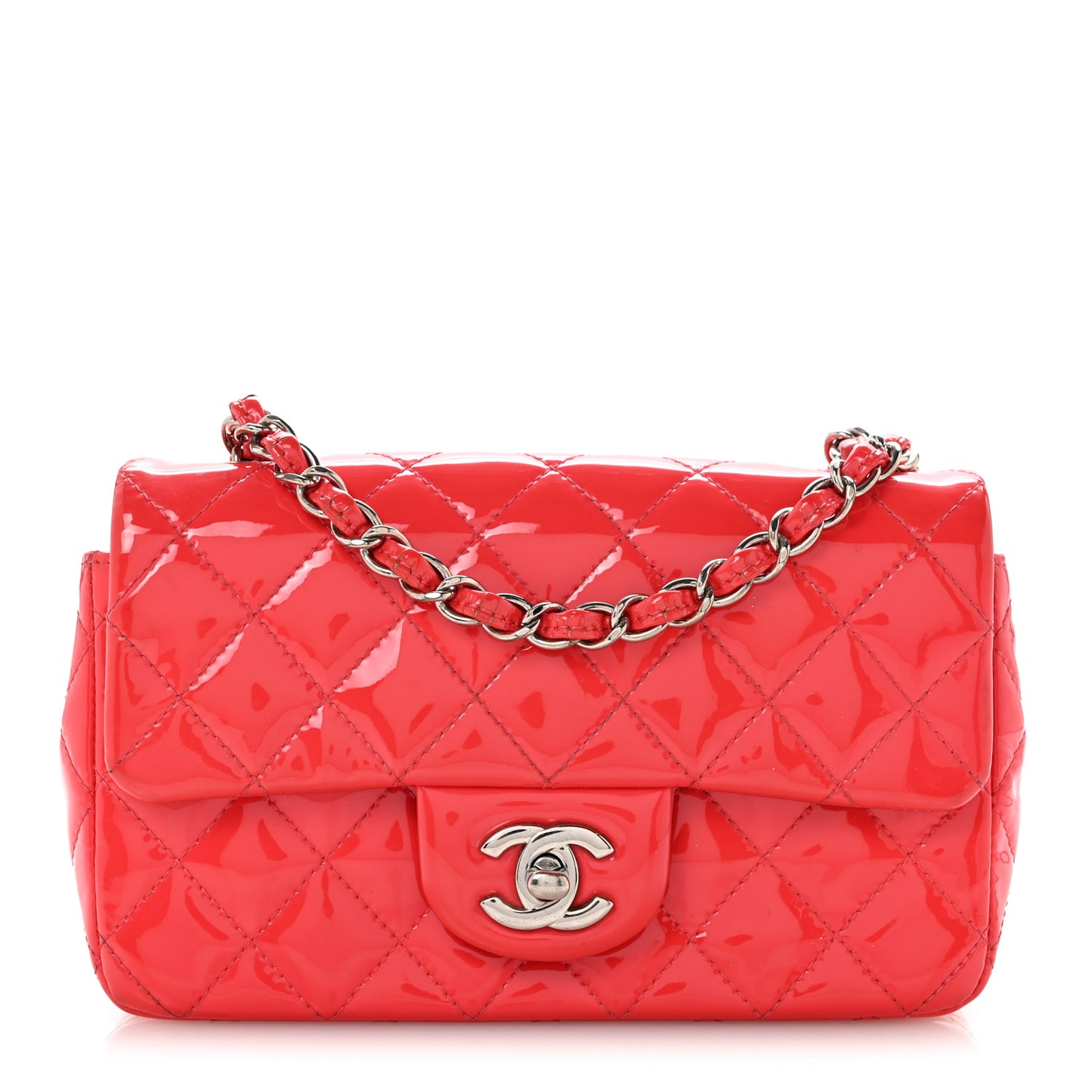 Patent Calfskin Quilted Mini Rectangular Flap Coral