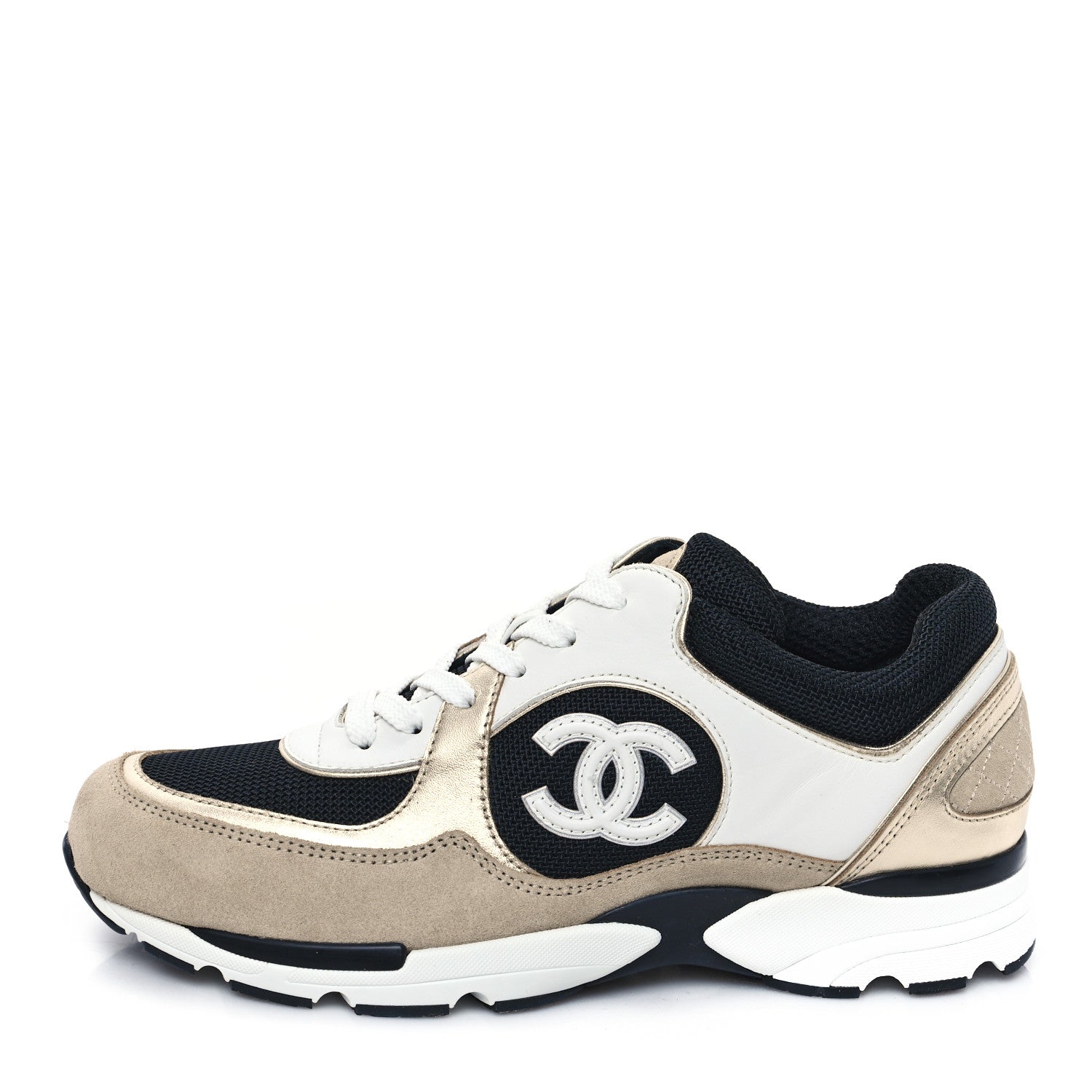Chanel Mesh Suede Calfskin Womens CC Sneakers 39 White Black Beige Gold 1 of 10
