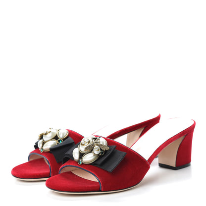 Gucci Velvet Etoile Pearl Embellished Mid Heel Slide Sandals 39 Hibiscus Red Black Blue Agata 3 of 9