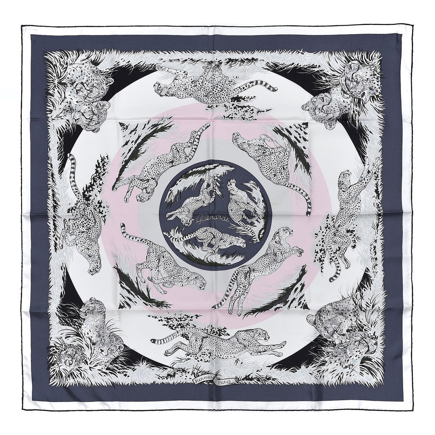Silk Guepards Scarf 90 Gris Fonce White Rose Pale