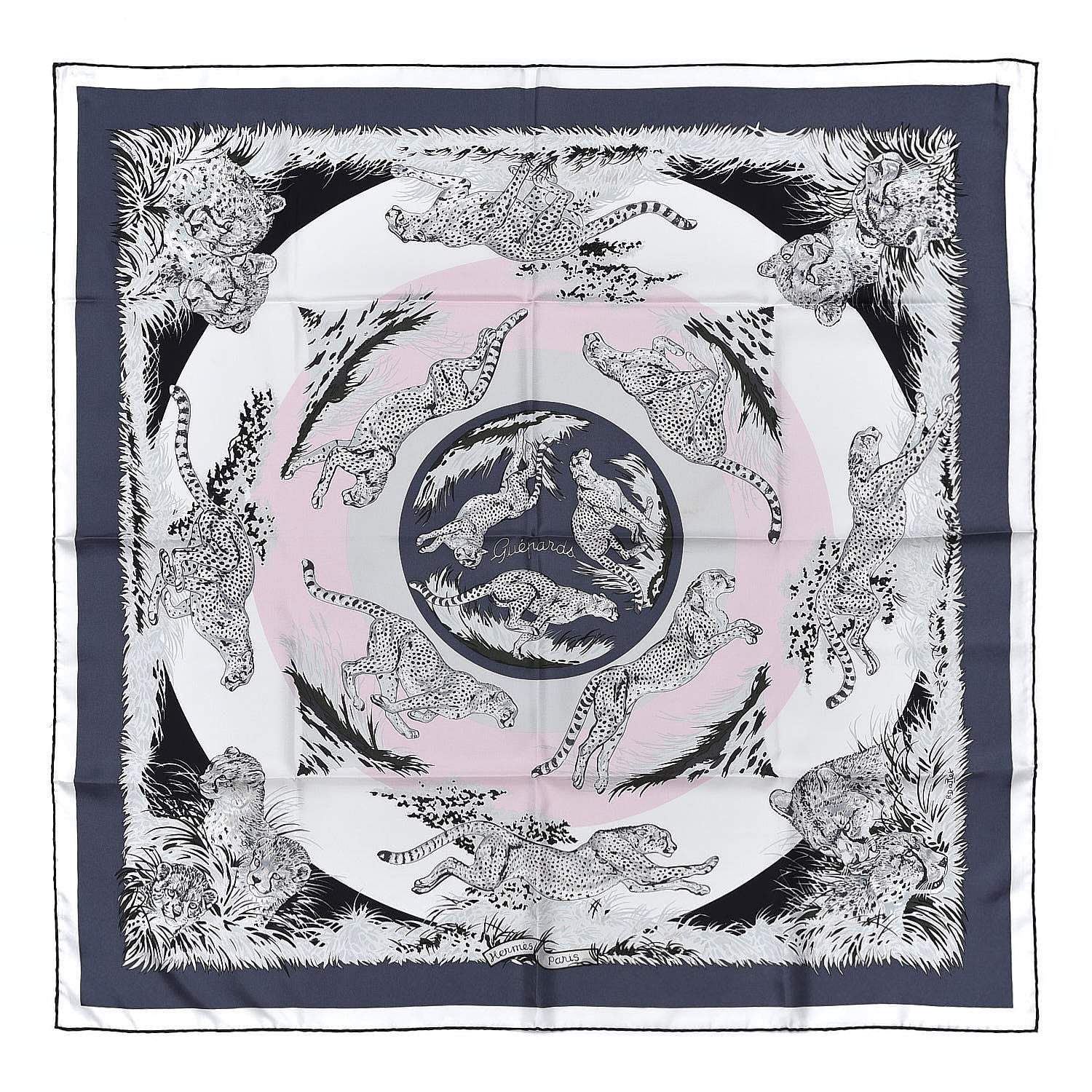 Hermes Silk Guepards Scarf 90 Gris Fonce White Rose Pale 1 of 4