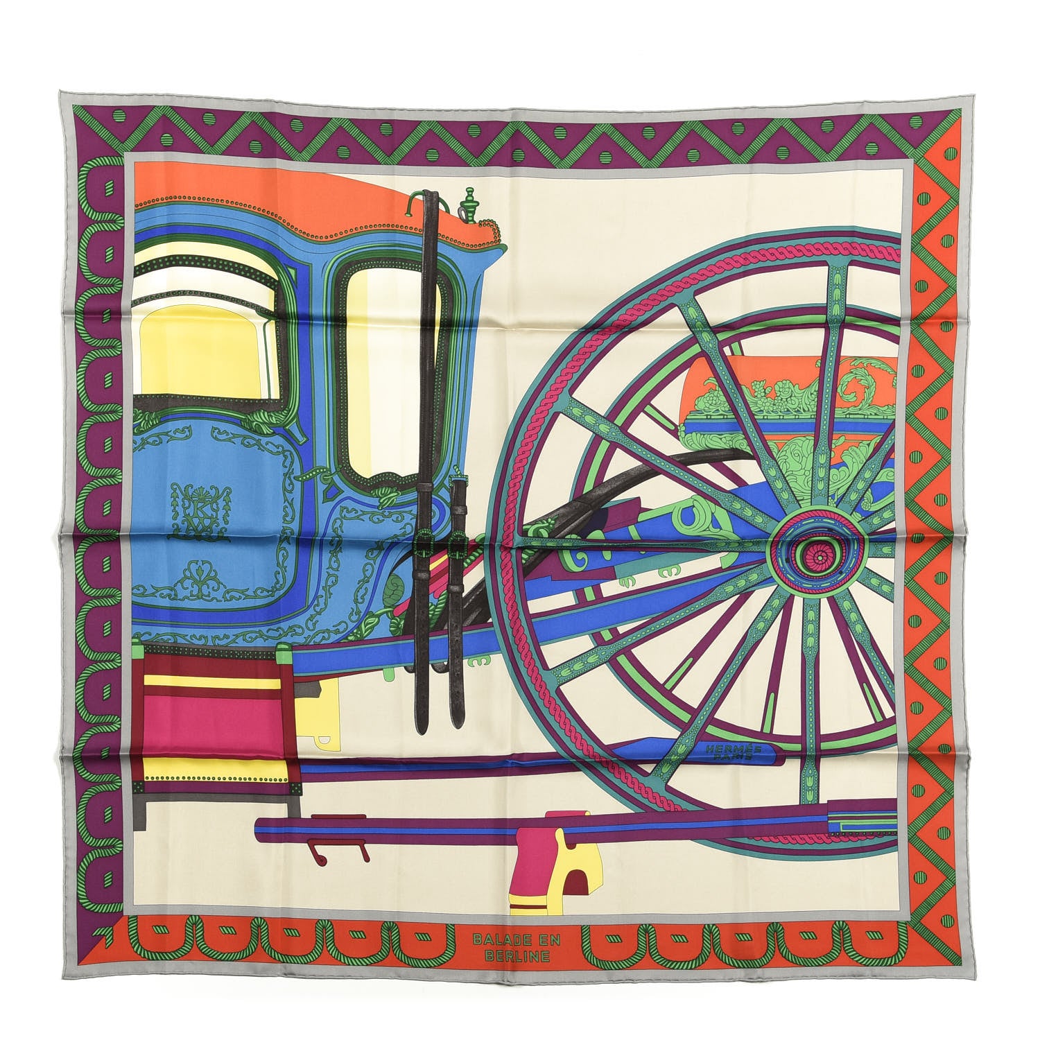 Hermes Silk Balade En Berline Scarf 90 Mastic Vert Juane 1 of 3