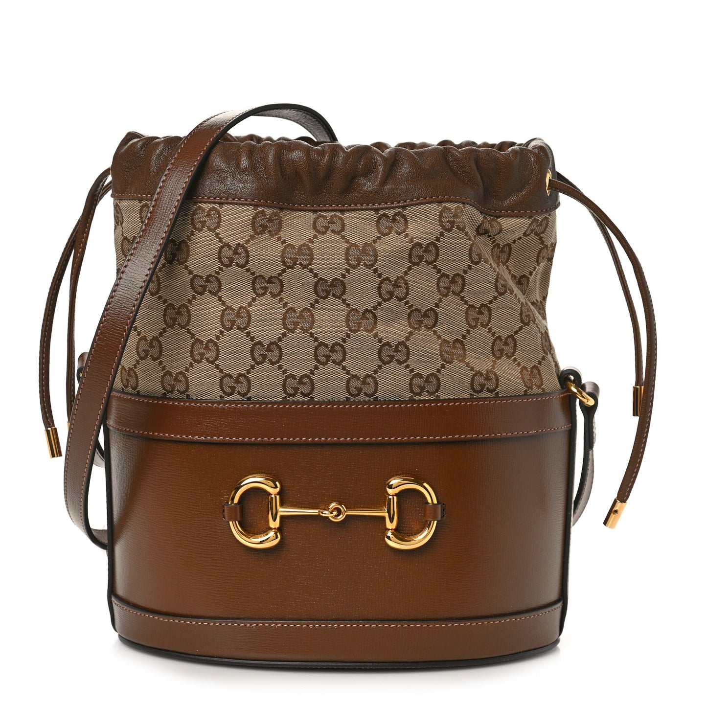 Monogram Textured Calfskin Horsebit 1955 Drawstring Bucket Bag Beige Brown Sugar
