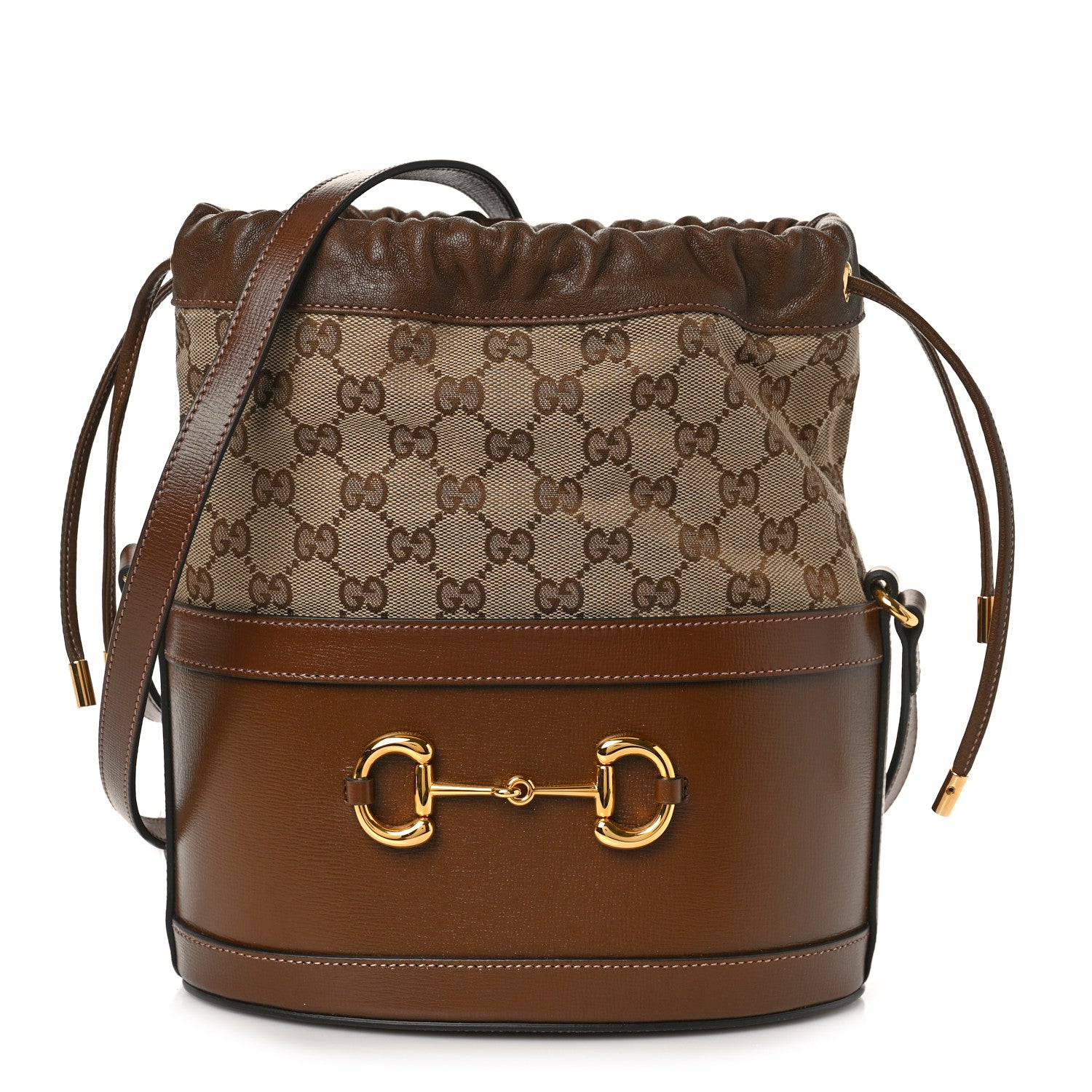 Gucci Monogram Textured Calfskin Horsebit 1955 Drawstring Bucket Bag Beige Brown Sugar 1 of 9