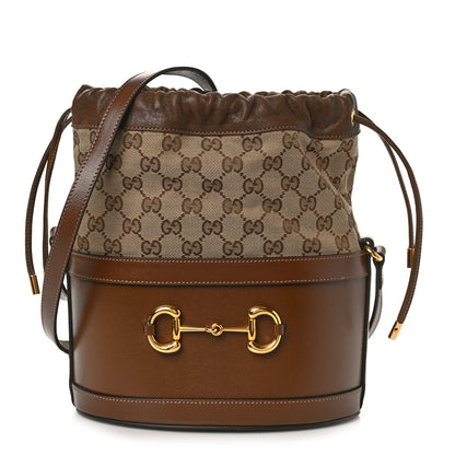 Gucci Monogram Textured Calfskin Horsebit 1955 Drawstring Bucket Bag Beige Brown Sugar 1 of 9