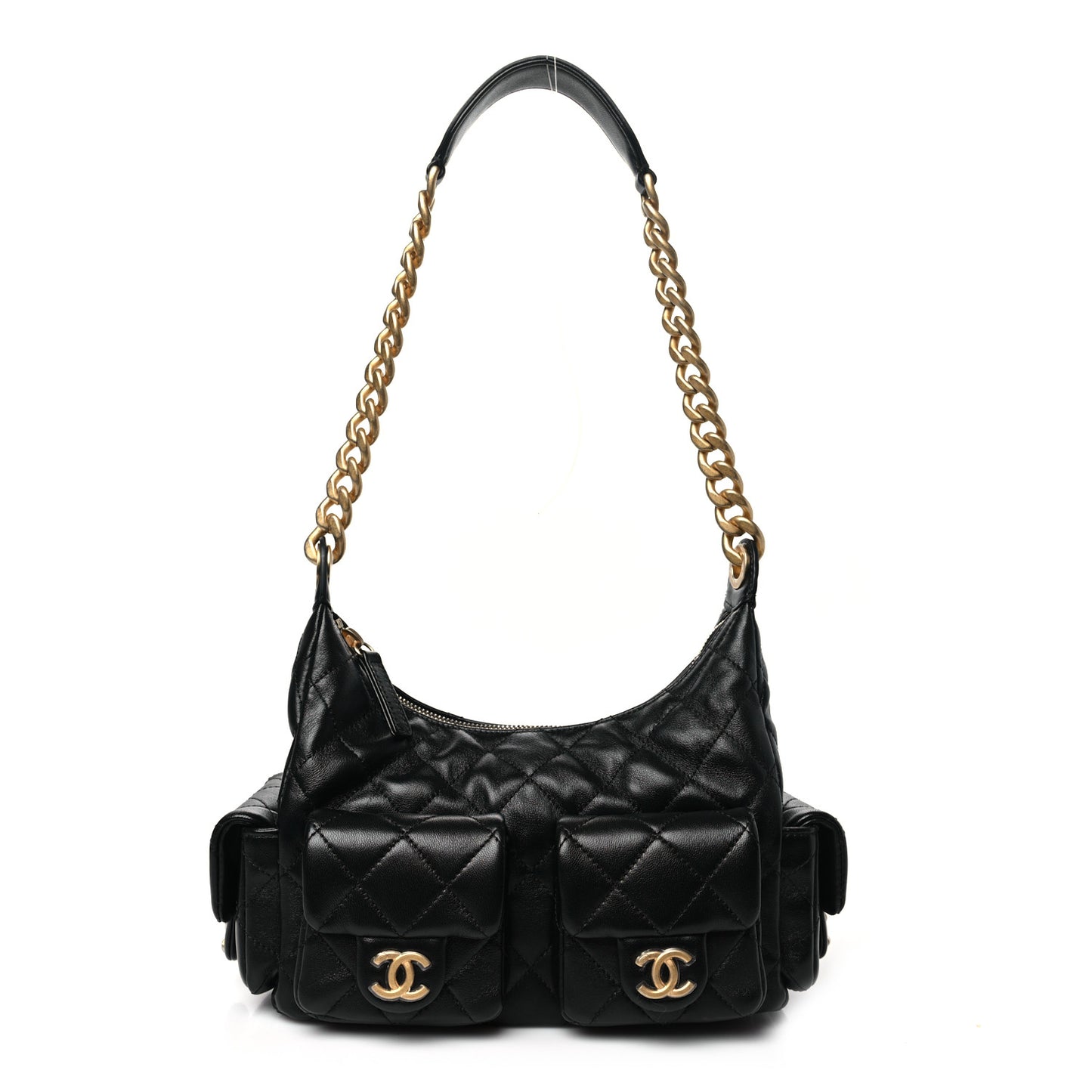 Shiny Lambskin Quilted Trendy Pockets Hobo Black