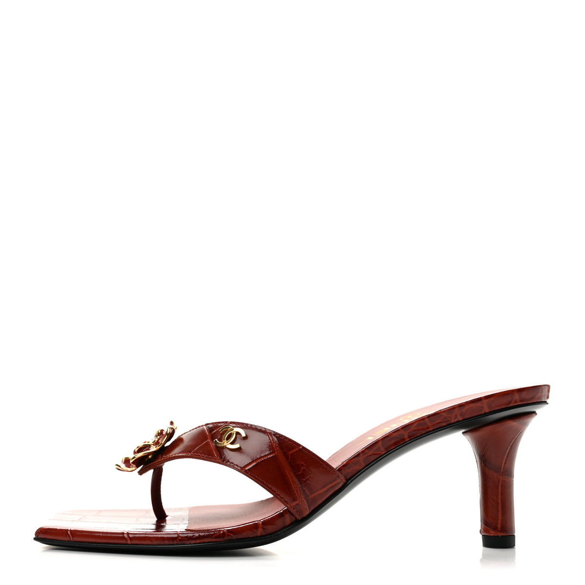 Chanel Crocodile Embossed Patent Calfskin Camellia Thong Sandals 38 Dark Red 1 of 10