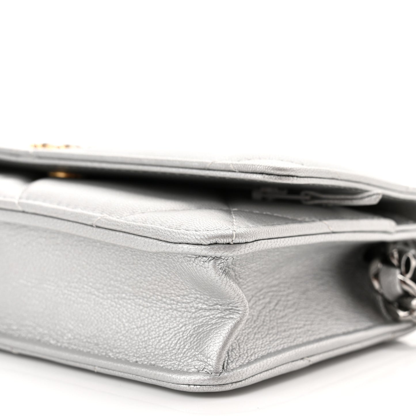 Metallic Lambskin Quilted Chanel 19 Wallet On Chain WOC Silver