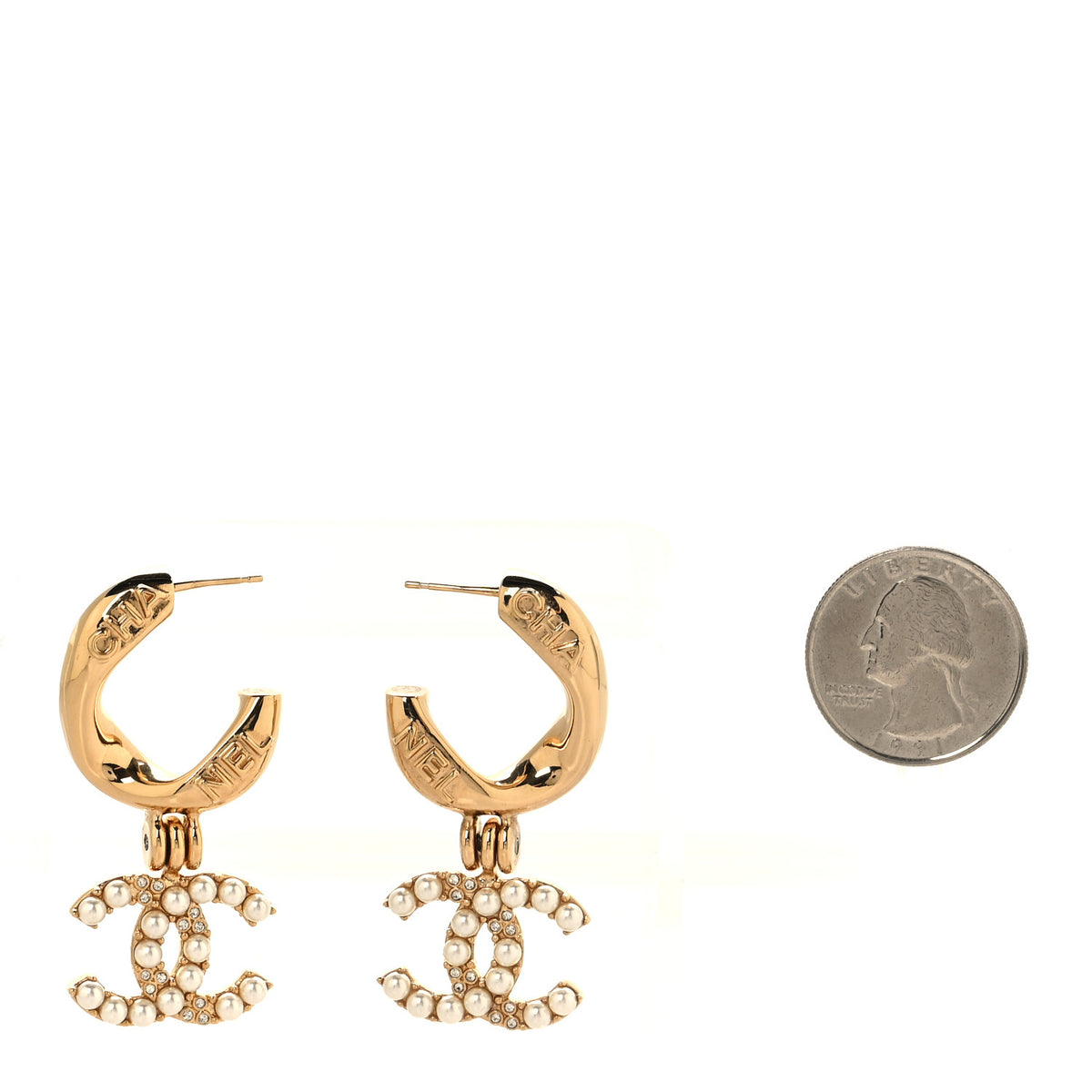 Chanel Metal Crystal Pearl CC Pendant Earrings Gold 2 of 4