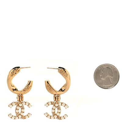 Chanel Metal Crystal Pearl CC Pendant Earrings Gold 2 of 4