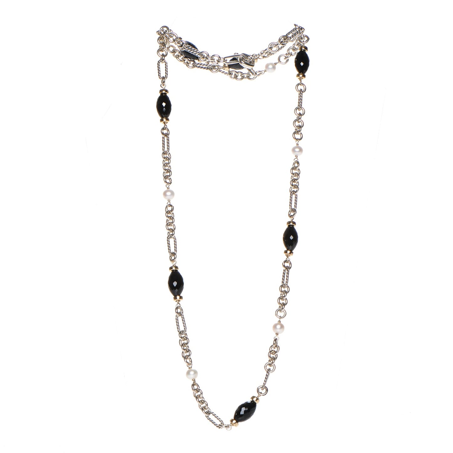 Sterling Silver 18K Yellow Gold Black Onyx Pearl Figaro Chain Necklace
