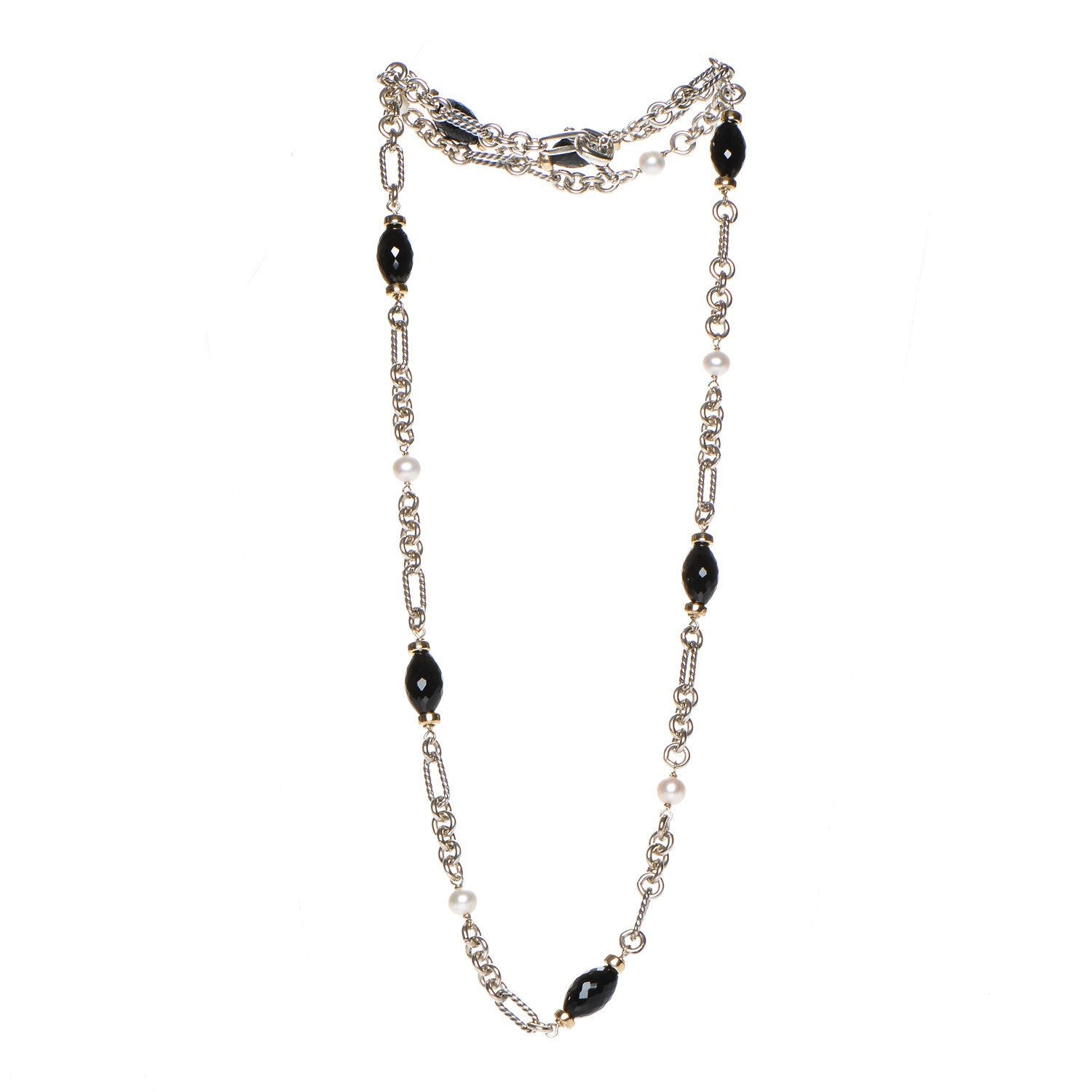 David Yurman Sterling Silver 18K Yellow Gold Black Onyx Pearl Figaro Chain Necklace 3 of 6